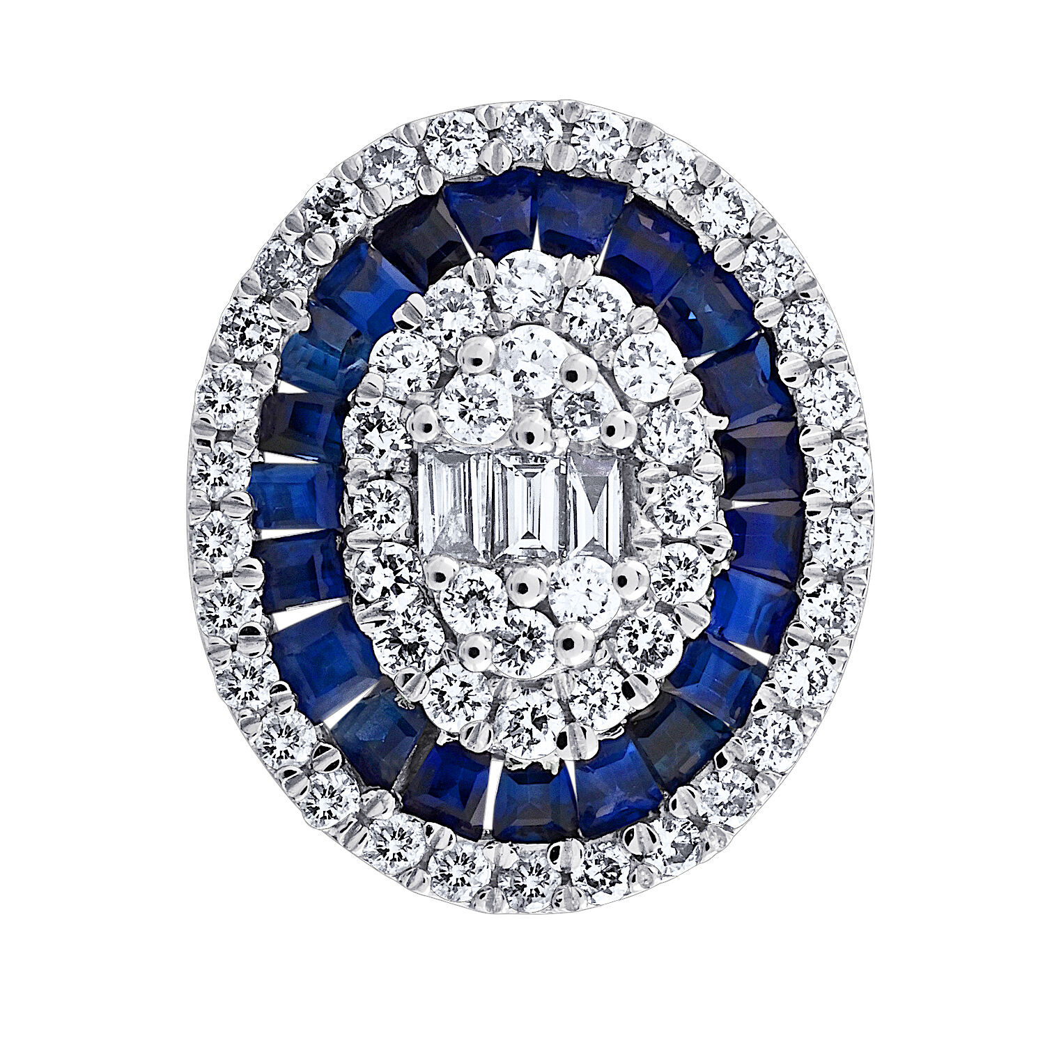 Vintage Treasures&trade; 14k White Gold Antique Style Round Studs Baguette Sapphires & Diamonds Earrings Diamond & Blue Sapphire 0.91 Ctw