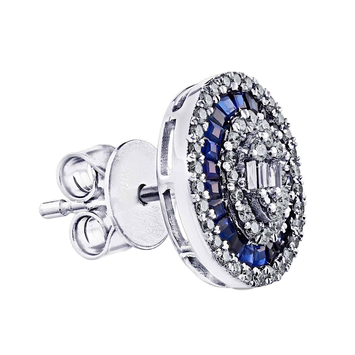 Vintage Treasures&trade; 14k White Gold Antique Style Round Studs Baguette Sapphires & Diamonds Earrings Diamond & Blue Sapphire 0.91 Ctw
