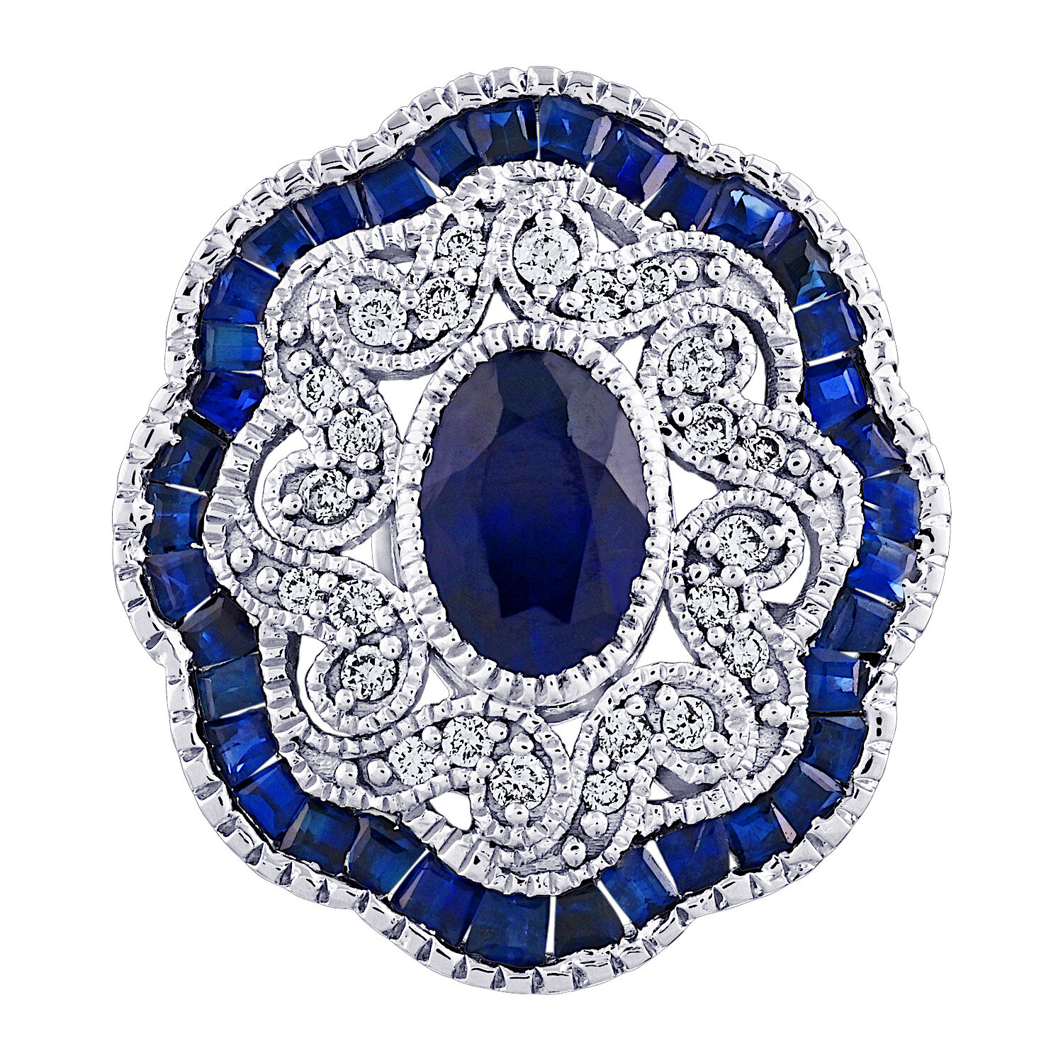 Vintage Treasures&trade; 14k White Gold Antique Style Studs Scallop Edge Earrings Diamond & Blue Sapphire 2.45 Ctw