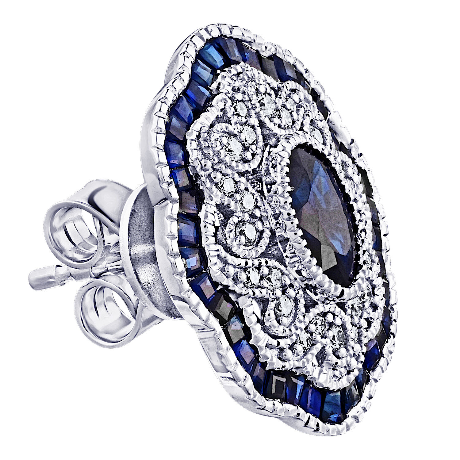 Vintage Treasures&trade; 14k White Gold Antique Style Studs Scallop Edge Earrings Diamond & Blue Sapphire 2.45 Ctw