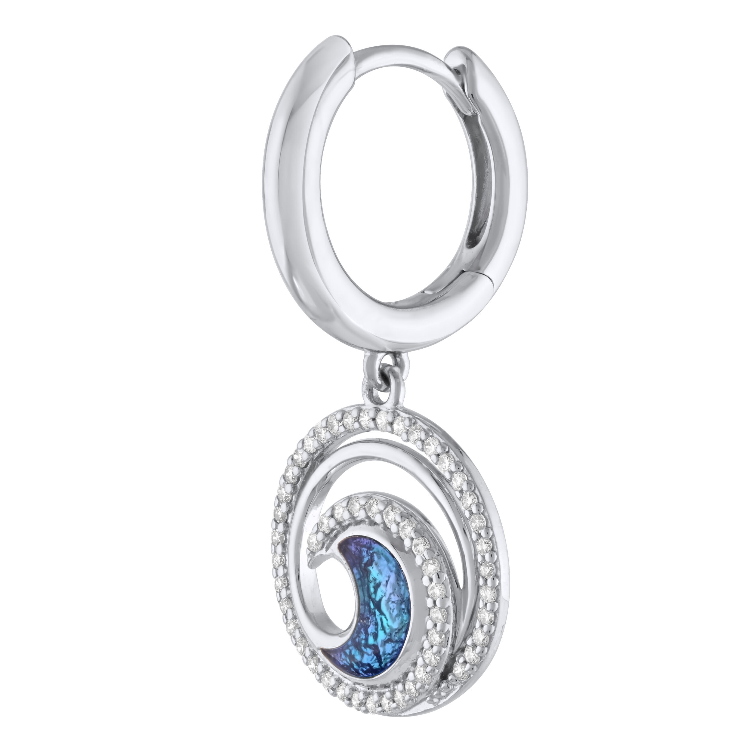 Oceanity&trade; 14K White Gold Earrings Enamel Wave Drops Pave Set Circle Surround Diamond 0.32 Ctw