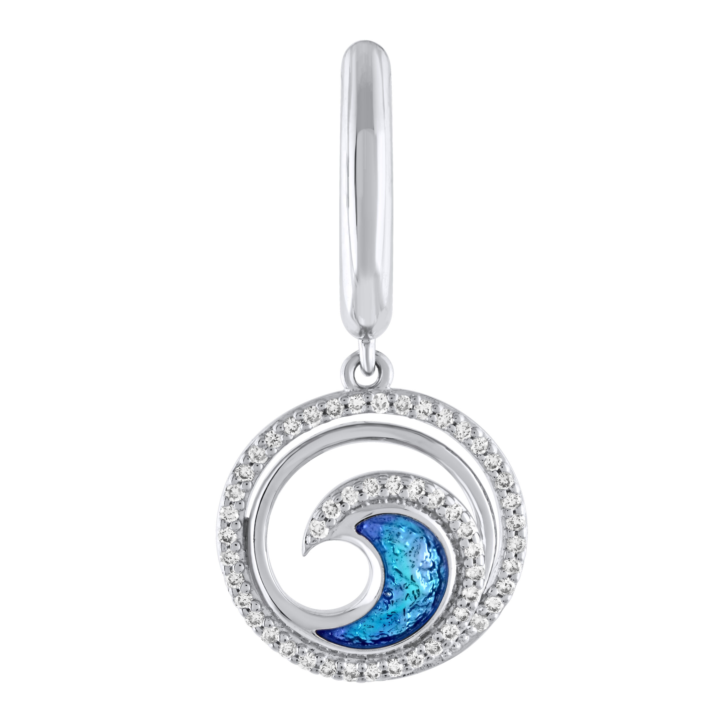 Oceanity&trade; 14K White Gold Earrings Enamel Wave Drops Pave Set Circle Surround Diamond 0.32 Ctw