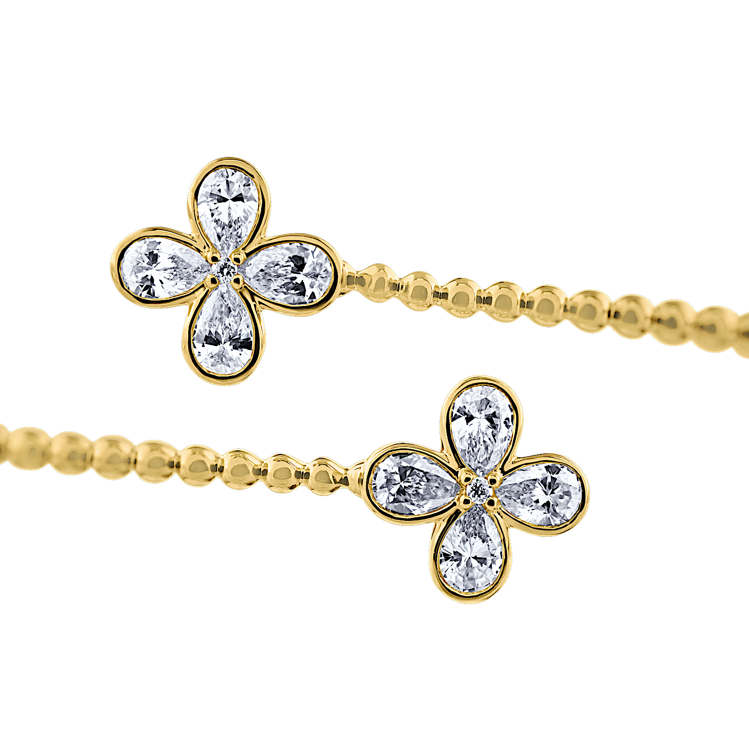 14K Yellow Gold Beaded Bypass Open Ended with Bezel Set Clovers Diamond Bangle 0.99 Ctw
