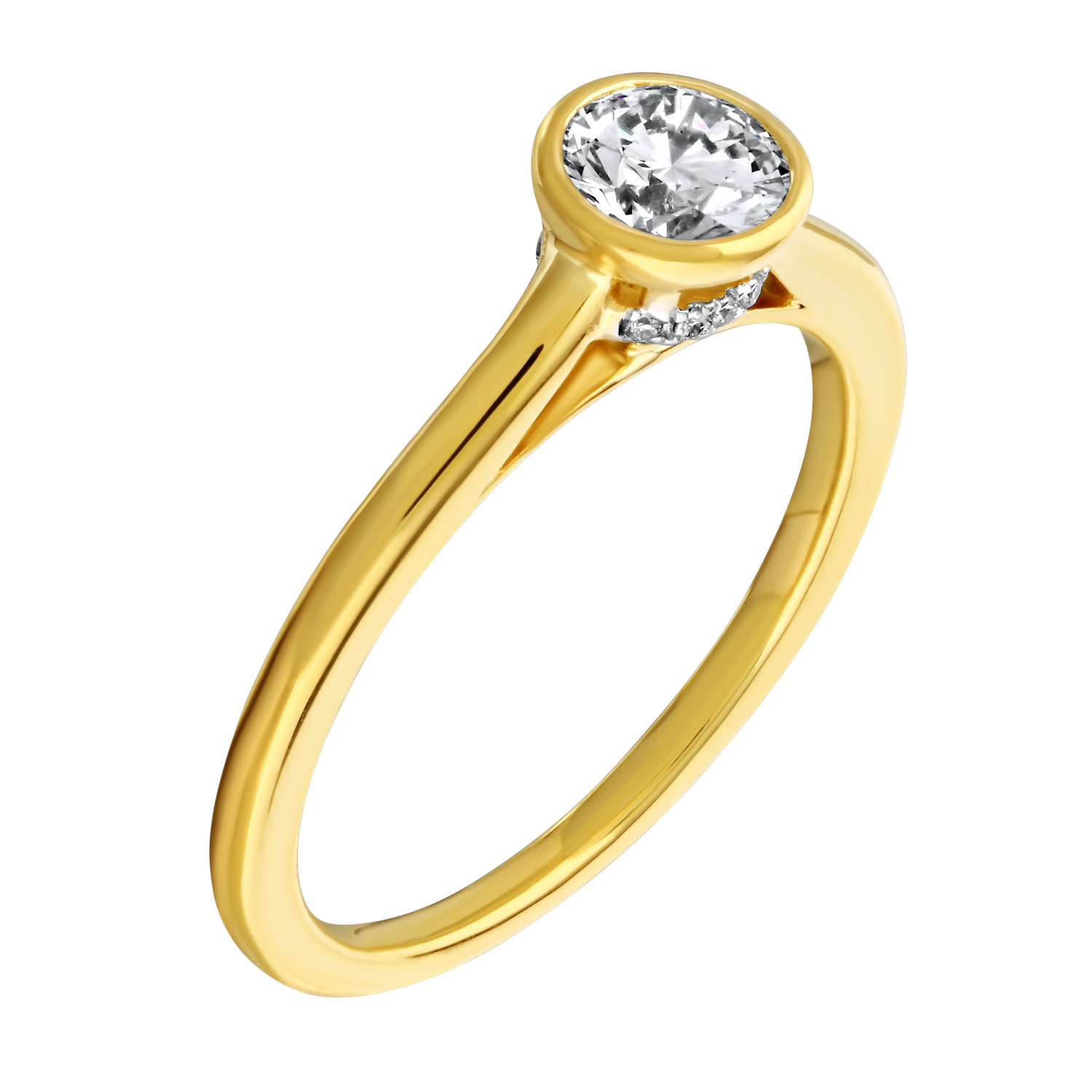 Bridal Collection 14K Yellow Gold Ring Round Bezel Set with Hidden Halo Bridge Diamond 0.55 Ctw
