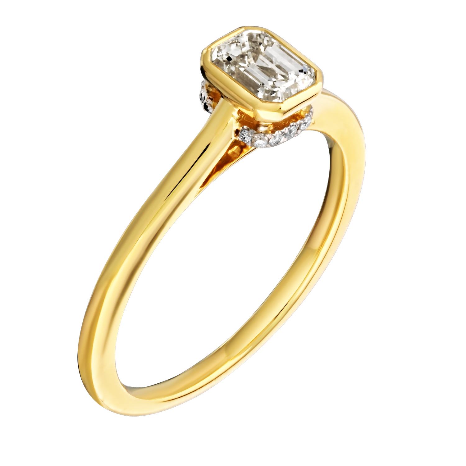 Bridal Collection 14K Yellow Gold Ring Emerald Shape Bezel Set with Hidden Halo Bridge Diamond 0.55 Ctw