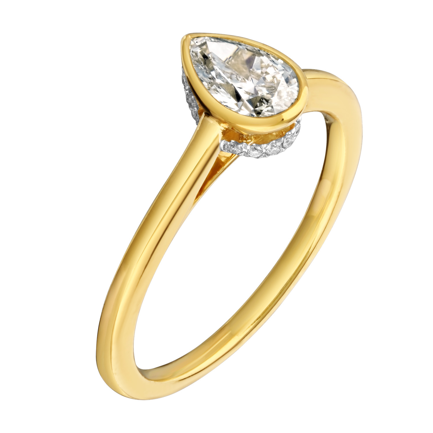 Bridal Collection 14K Yellow Gold Ring Pear Shape Bezel Set with Hidden Halo Bridge Diamond 0.55 Ctw