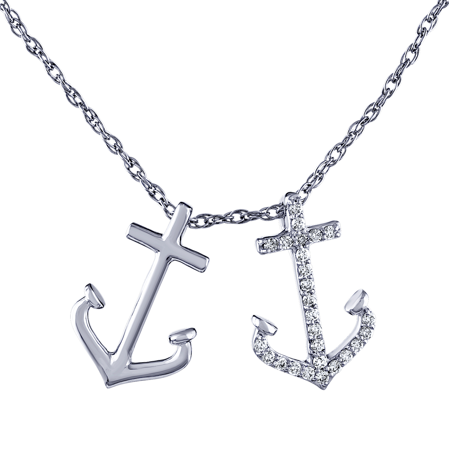 BluSea&trade; 14K White Gold Necklace Double Anchor One Pave One Polished Diamond 0.10 Ctw