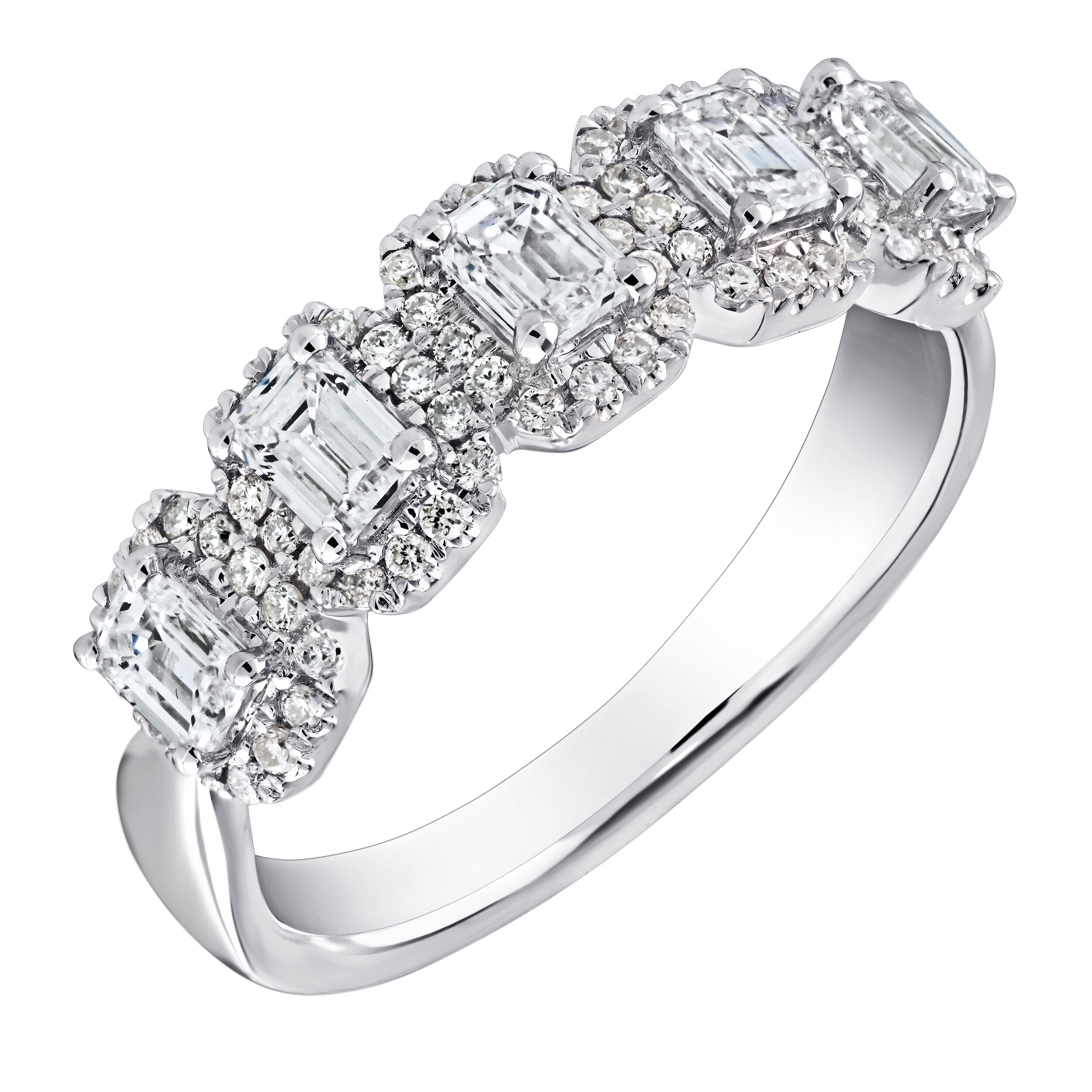 14K White Gold 5 Station Emerald Cut Halo's Diamond Ring 1.03 Ctw