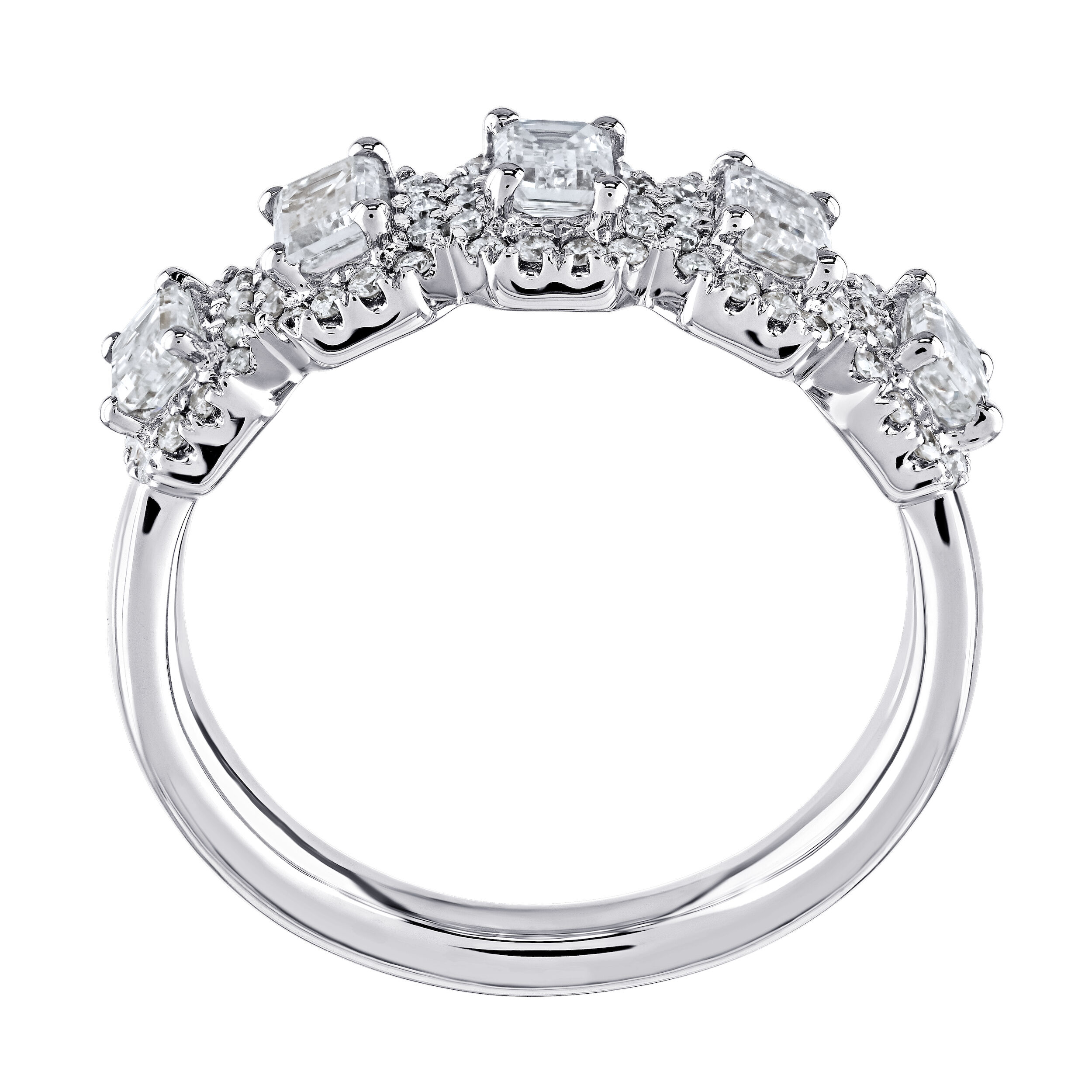 14K White Gold 5 Station Emerald Cut Halo's Diamond Ring 1.48 Ctw