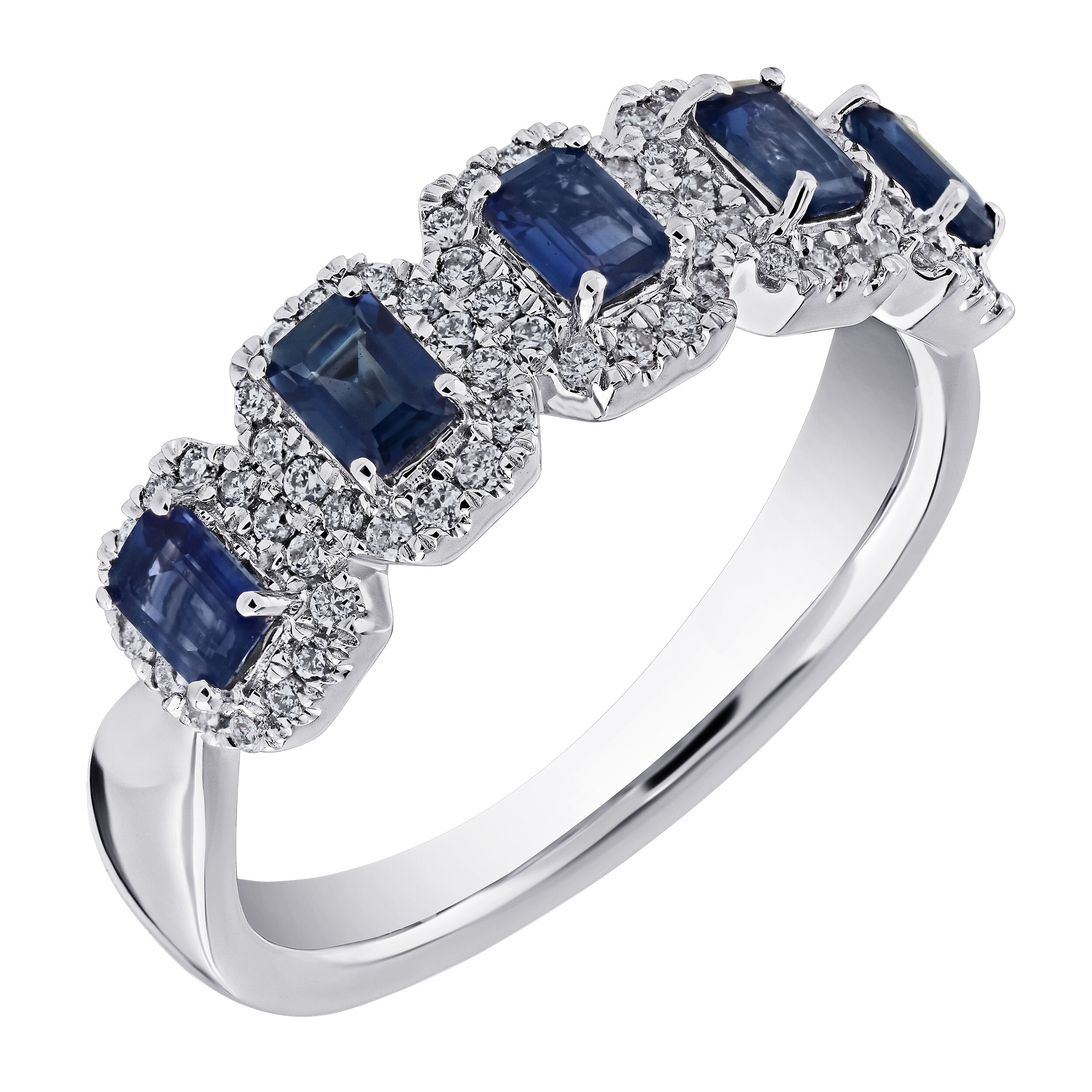 Majestic Gems&trade; 14k White Gold 5 Station Emerald Shape Halo's Blue Sapphire & Diamond 1.39 Ctw