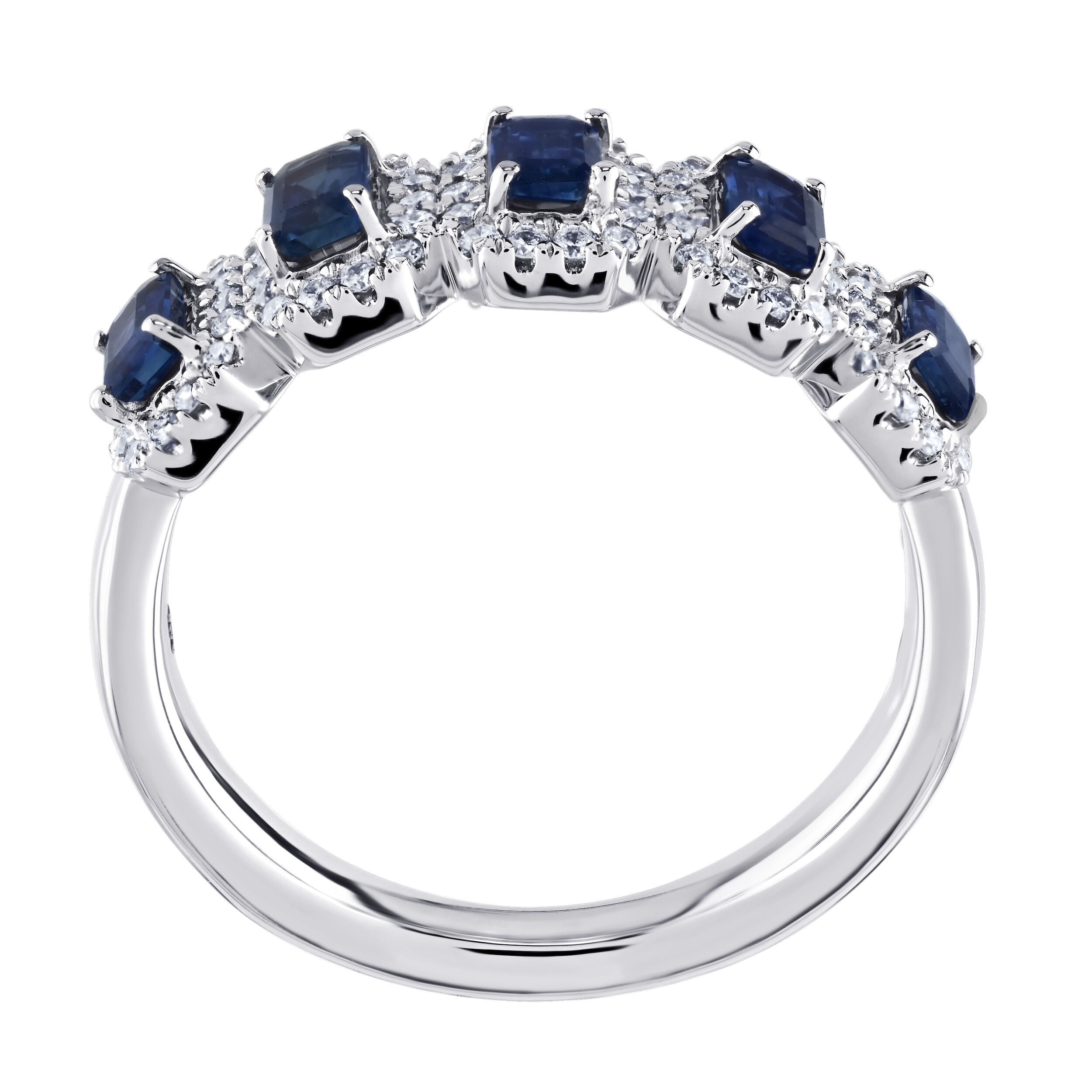 Majestic Gems&trade; 14k White Gold 5 Station Emerald Shape Halo's Blue Sapphire & Diamond 1.39 Ctw