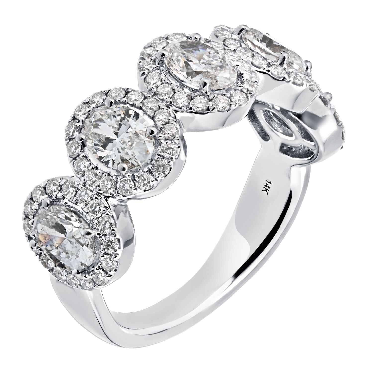 14K White Gold 5 Station Oval Halo's Diamond Ring 1.28 Ctw