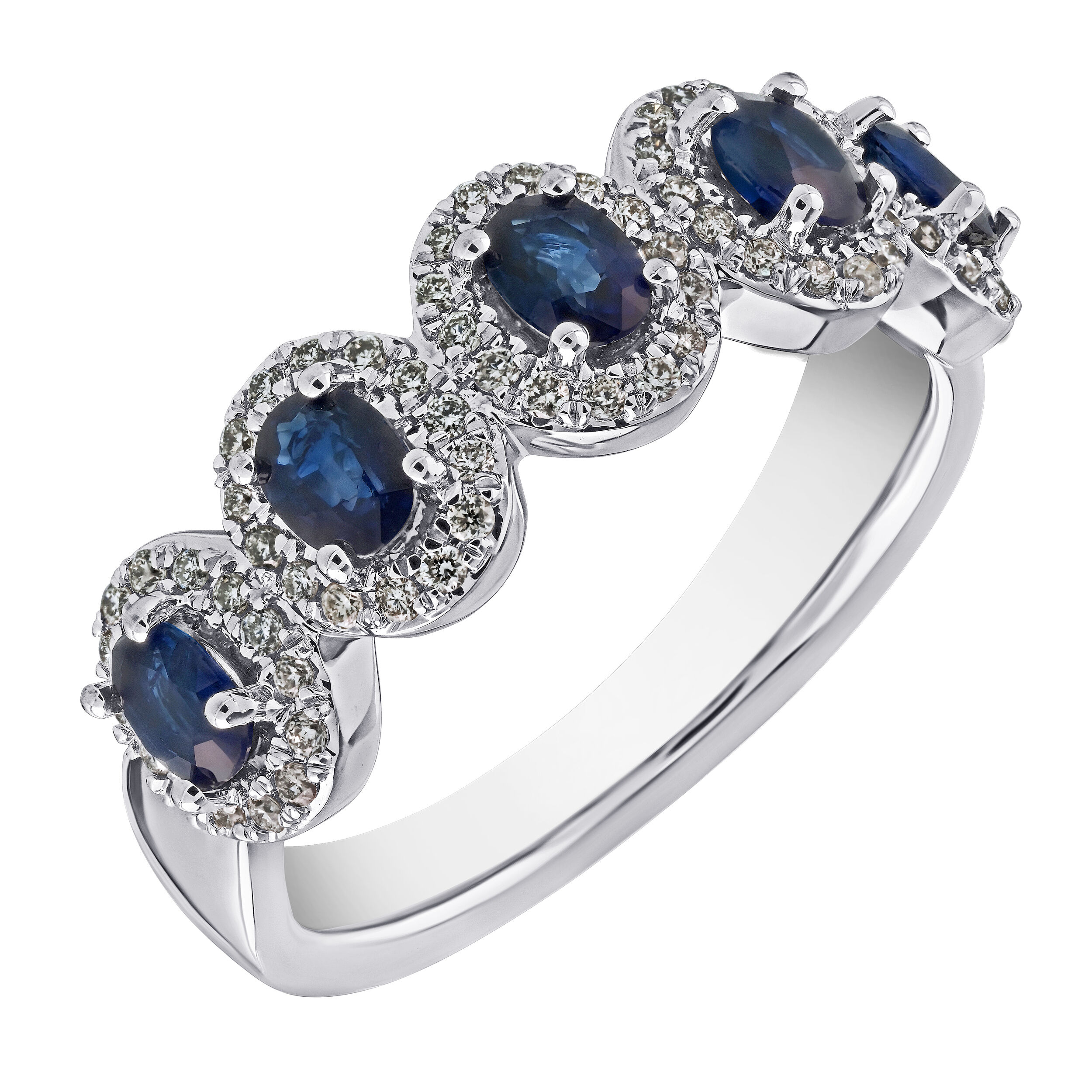 Majestic Gems&trade; 14k White Gold 5 Station Halo's Blue Sapphire & Diamond 1.28 Ctw