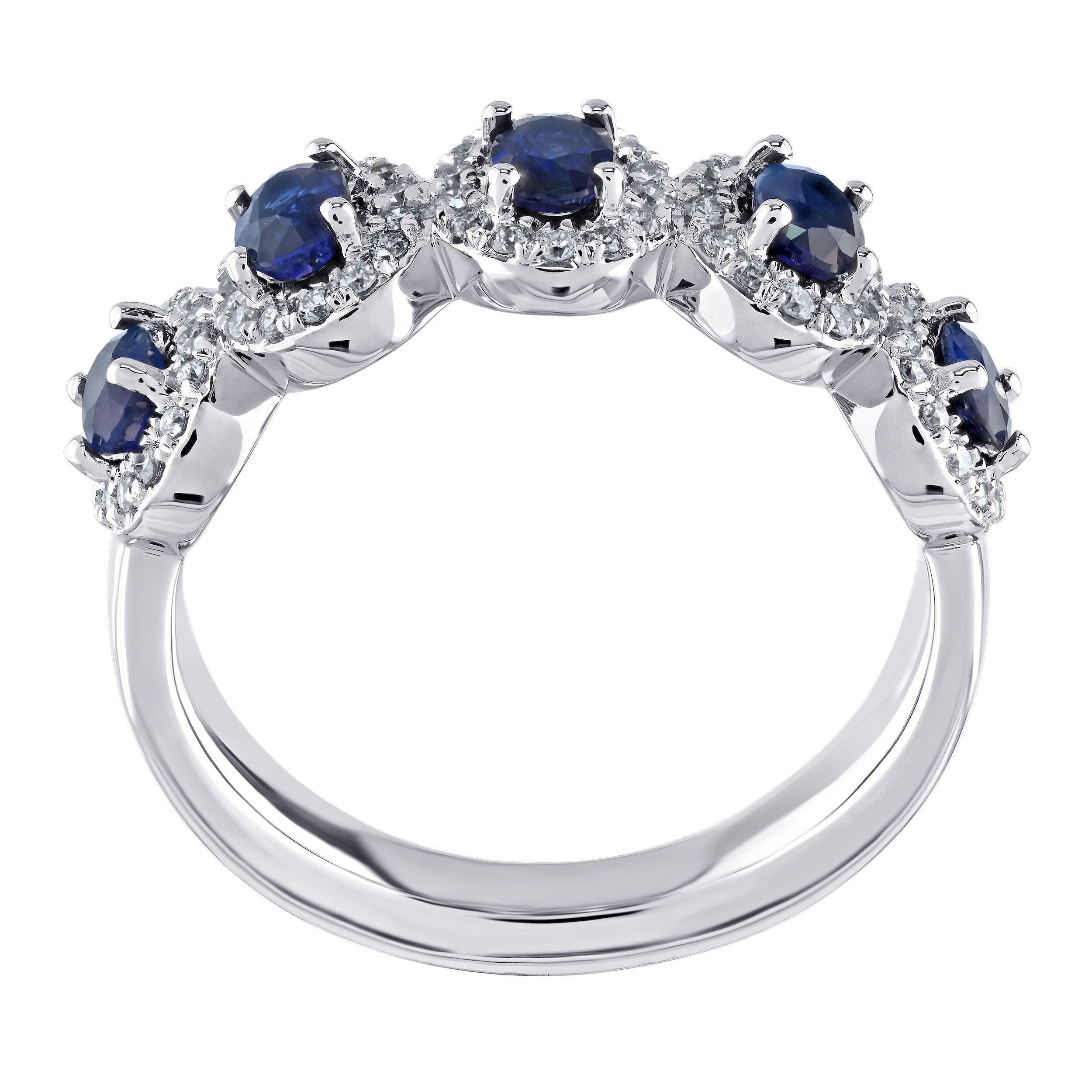 Majestic Gems&trade; 14k White Gold 5 Station Halo's Blue Sapphire & Diamond 1.51 Ctw