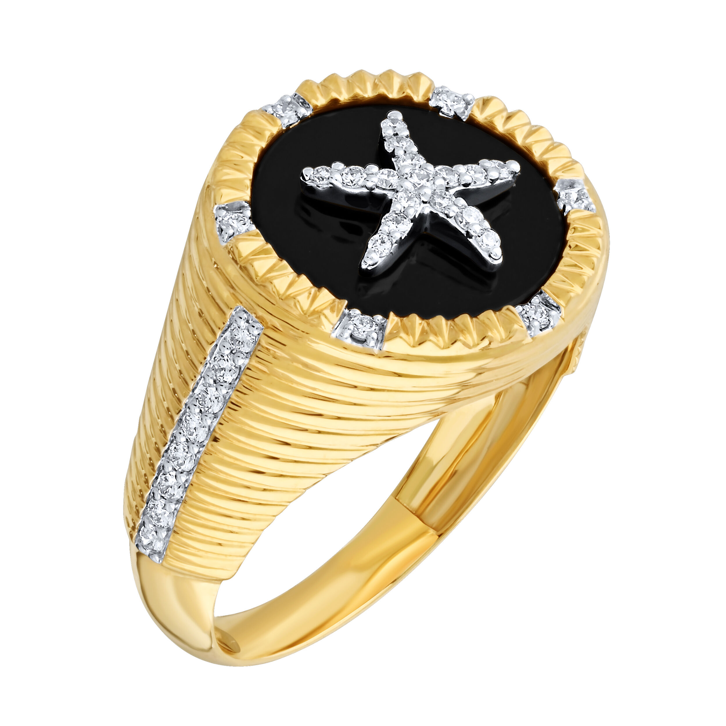 Shefian&trade; 14K Yellow Gold Men's Ring Inlaid Onyx with Diamond Northstar Center Diamond 0.32 Ctw