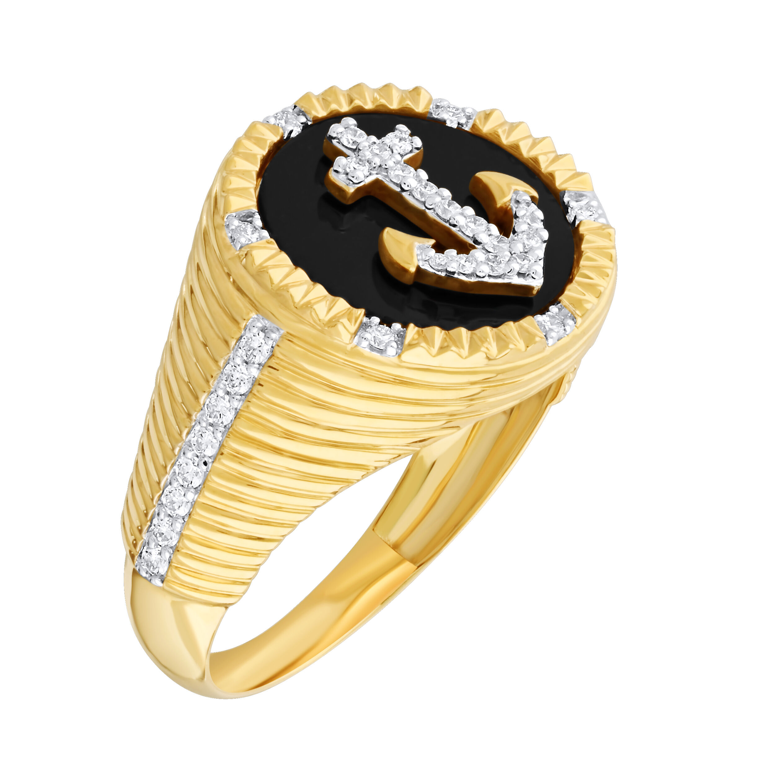 Shefian&trade; 14K Yellow Gold Men's Ring Inlaid Onyx with Diamond Starfish Center Diamond 0.33 Ctw