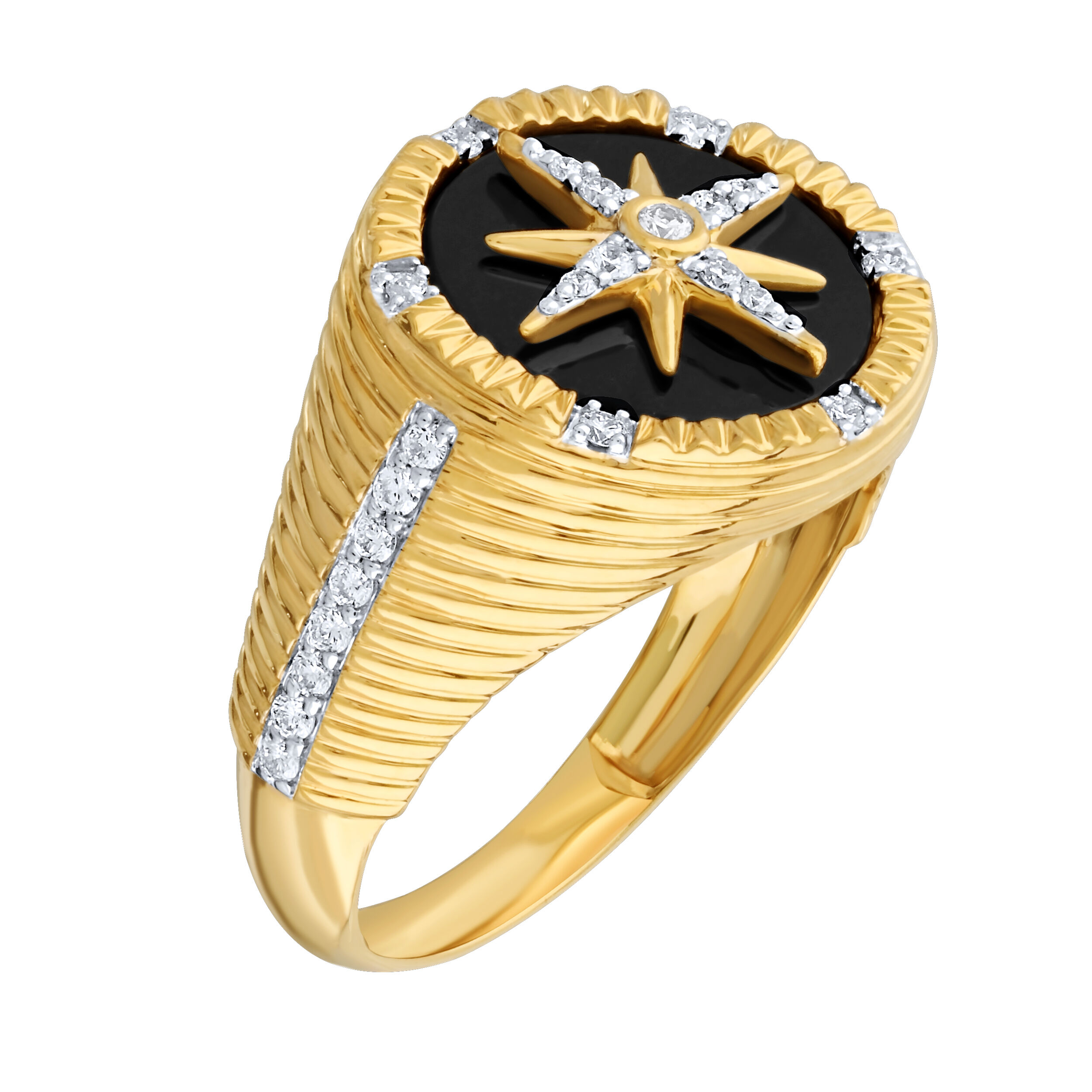 Shefian&trade; 14K Yellow Gold Men's Ring Inlaid Onyx with Diamond Anchor Center Diamond 0.31 Ctw