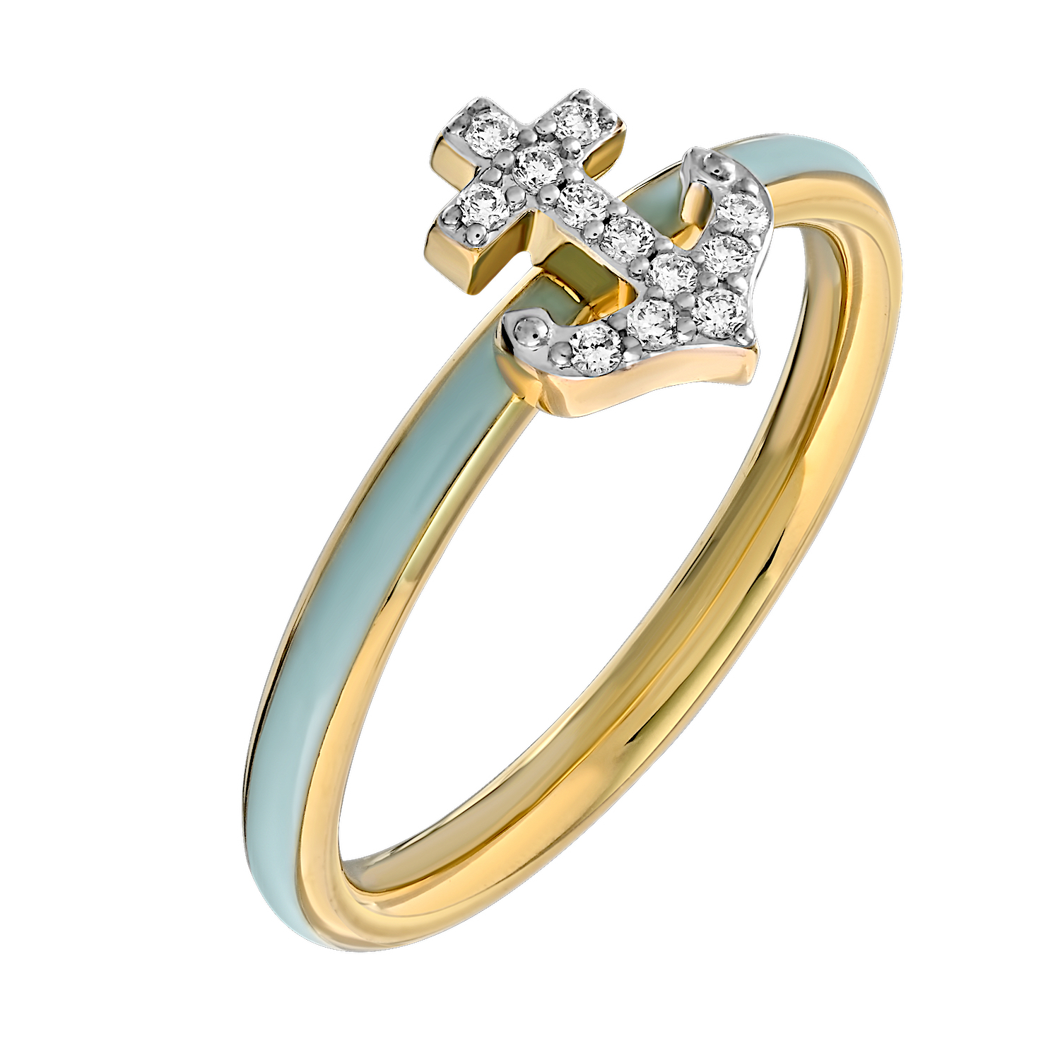 BluSea&trade; 14K Yellow Gold Ring Enamel Shank with Pave Anchor Diamond Aquamarine 0.07 Ctw