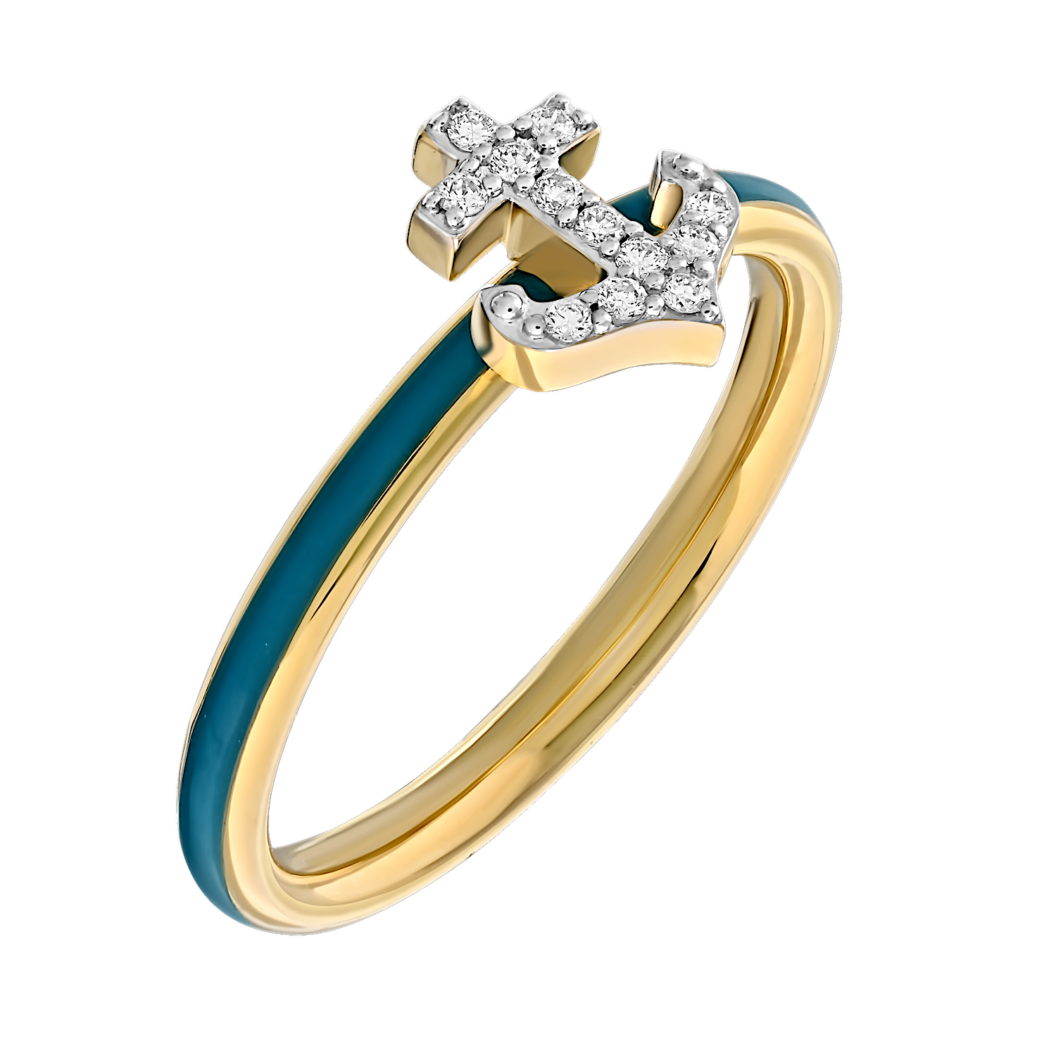 BluSea&trade; 14K Yellow Gold Ring Enamel Shank with Pave Anchor Diamond 0.07 Ctw