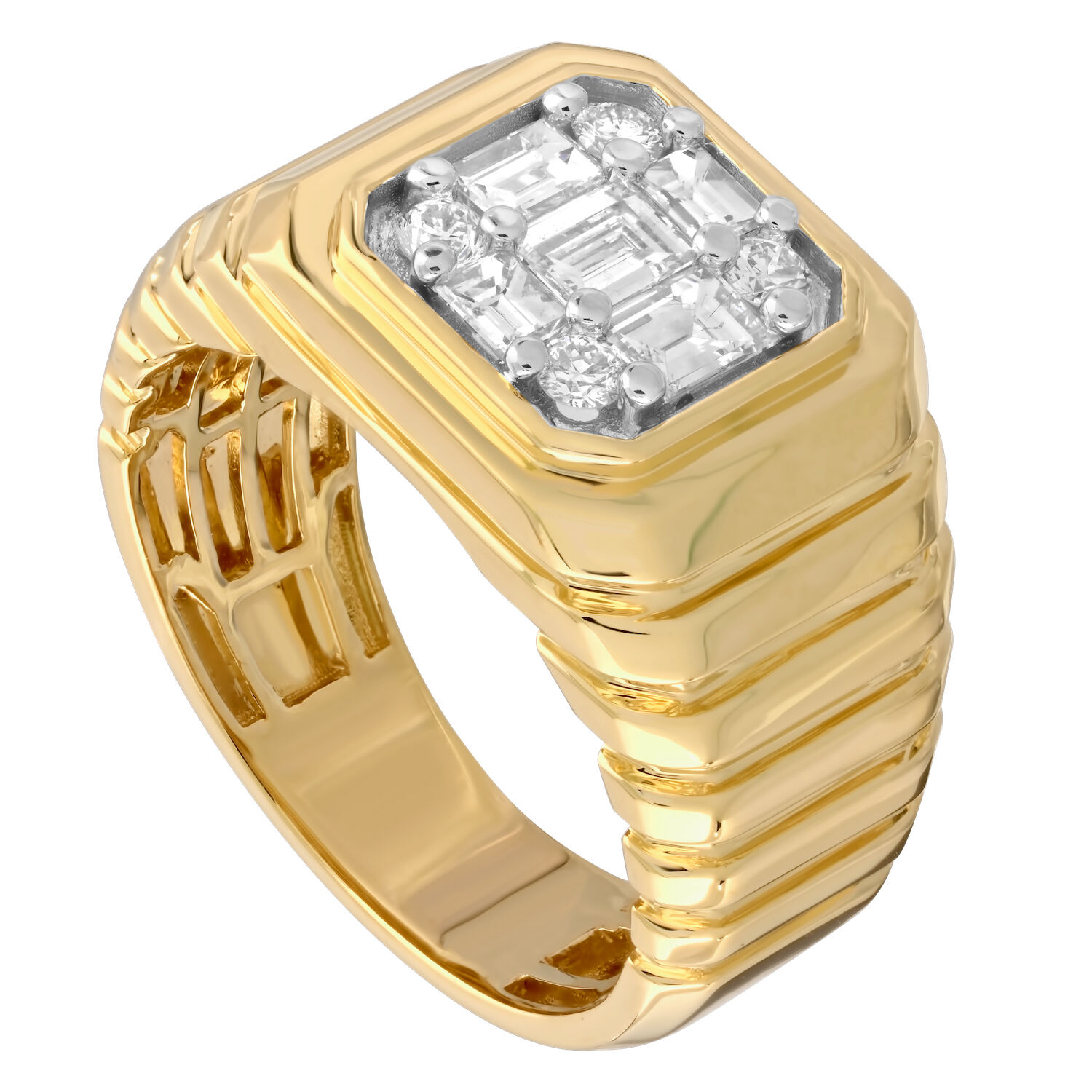 Shefian&trade; 14K Yellow Gold Ring Asscher Shape MULTIPLICITY Ribbed Shoulders Diamond 0.99 Ctw