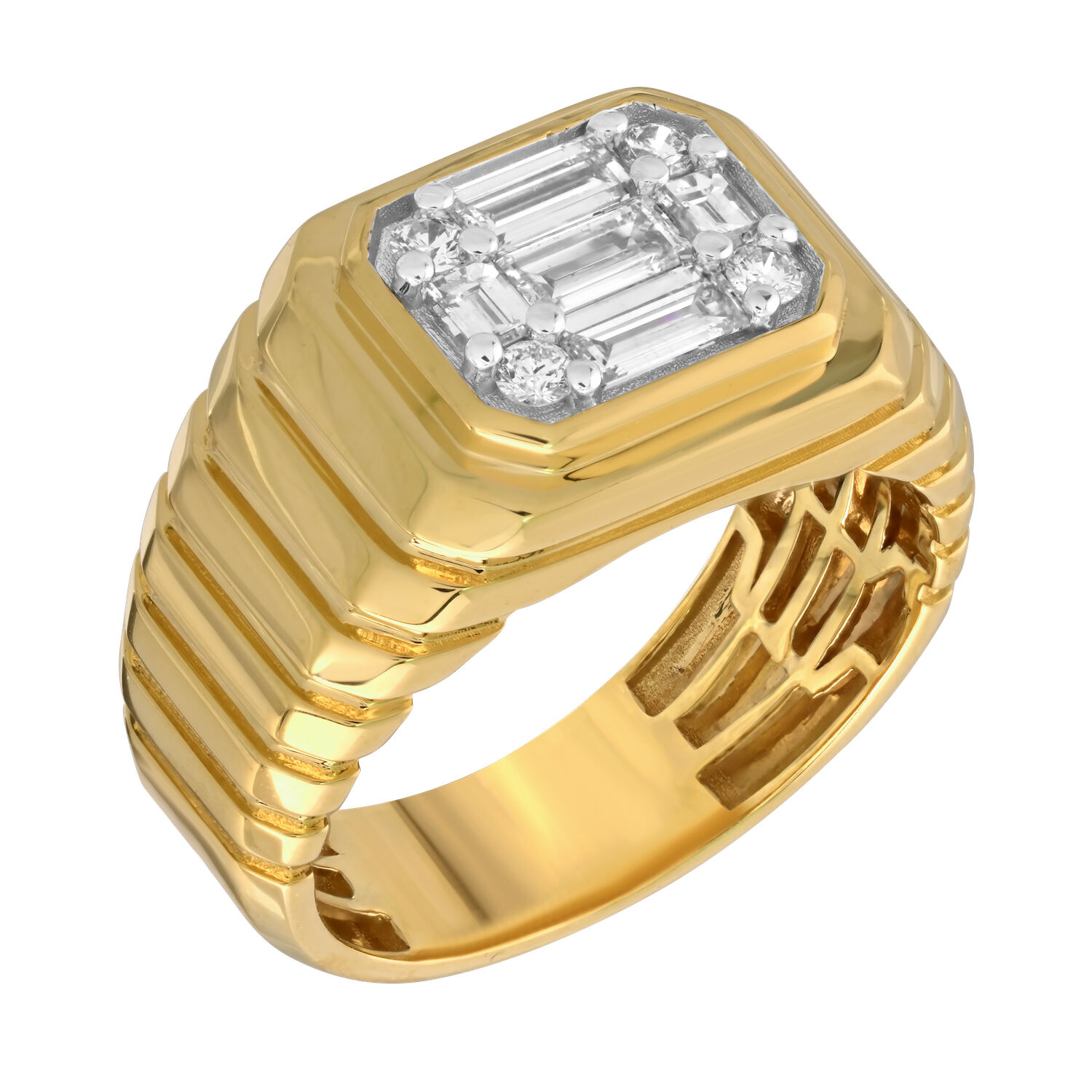 Shefian&trade; 14K Yellow Gold Ring Emerald Shape MULTIPLICITY Ribbed Shoulders Diamond 1.00 Ctw
