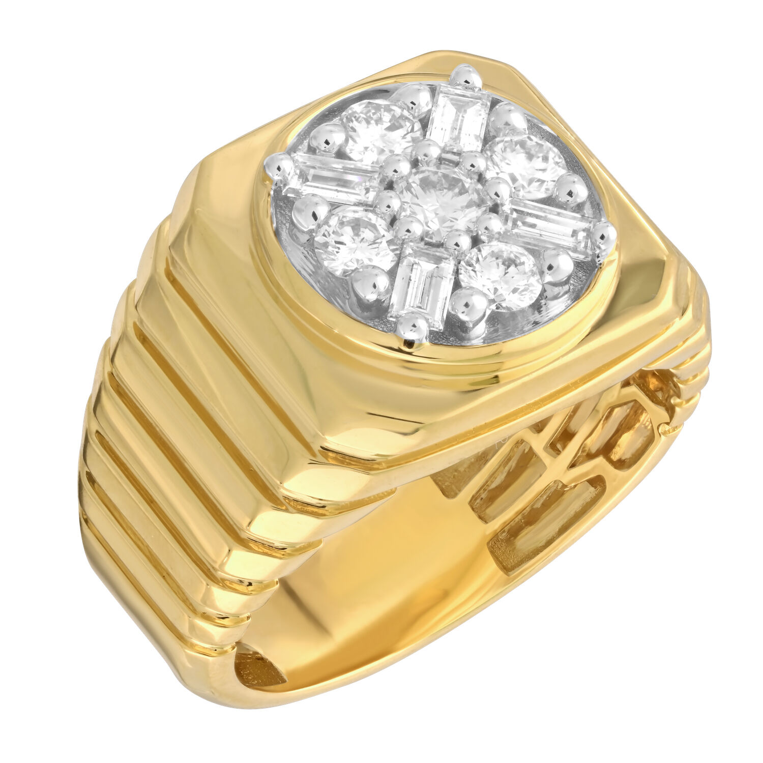 Shefian&trade; 14K Yellow Gold Ring Round Shape MULTIPLICITY Ribbed Shoulders Diamond 1.00 Ctw