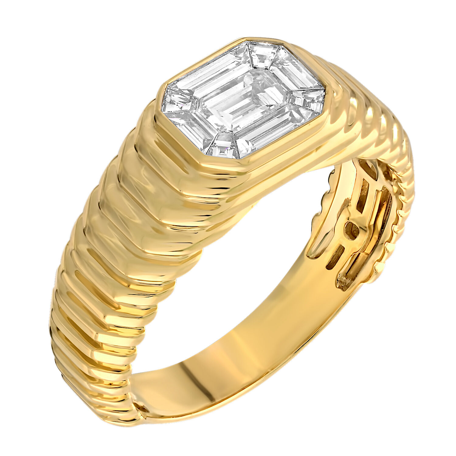 Shefian&trade; 14K Yellow Gold Ring Emerald Shape COMPOZIT Ribbed Shoulders Diamond 0.75 Ctw