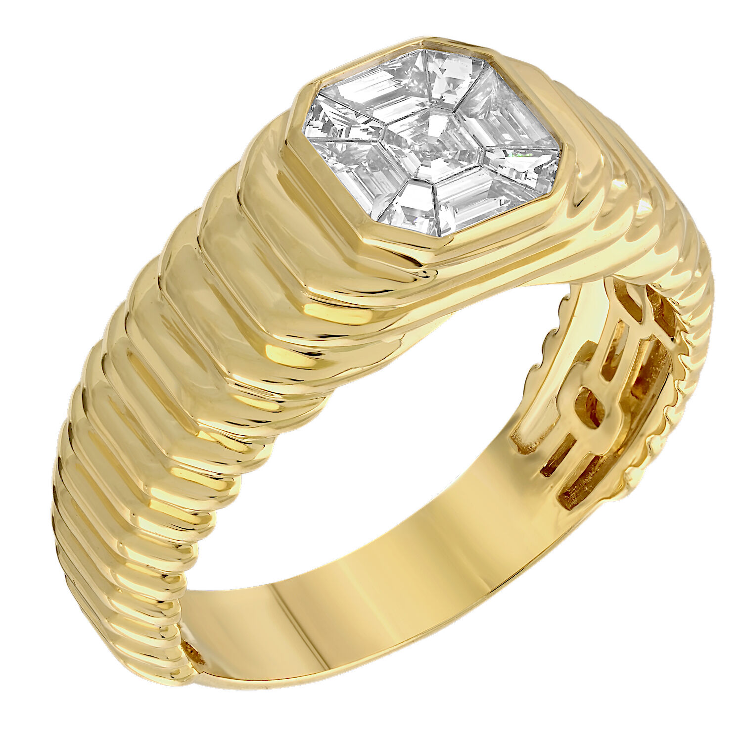 Shefian&trade; 14K Yellow Gold Ring Asscher Shape COMPOZIT Ribbed Shoulders Diamond 0.75 Ctw