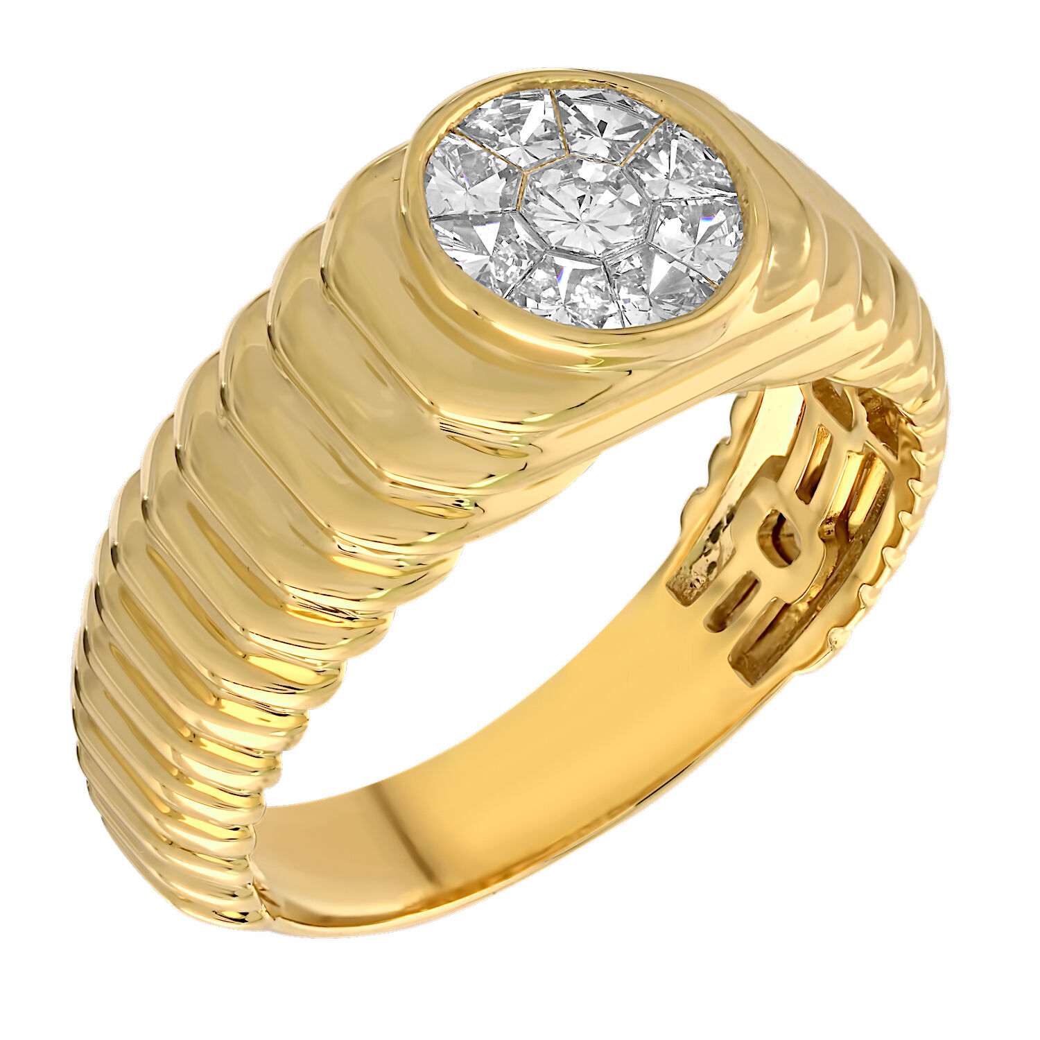 Shefian&trade; 14K Yellow Gold Ring Round Shape COMPOZIT Ribbed Shoulders Diamond 0.01 Ctw