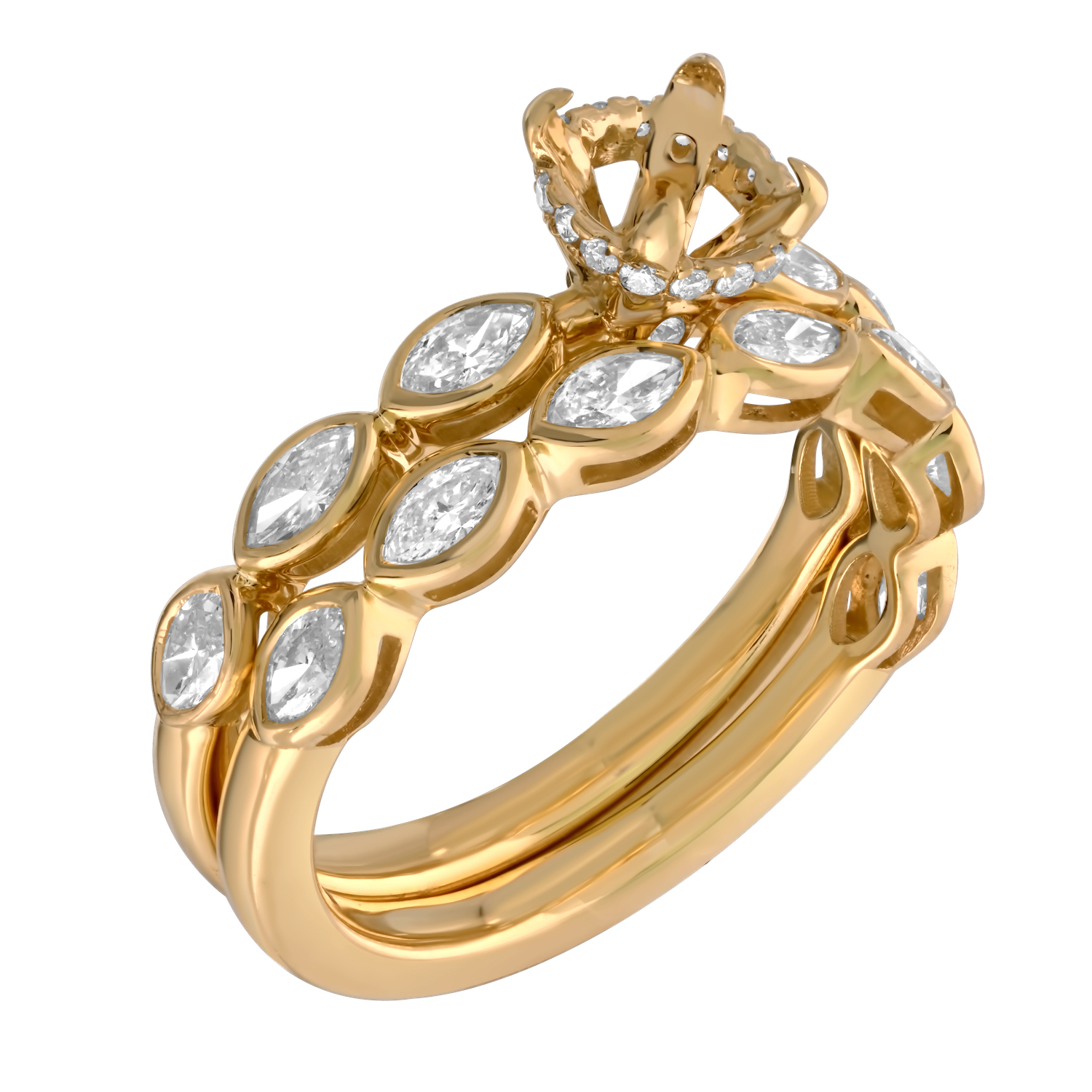 Bridal Collection 14K Yellow Gold Marquise Shape Bezel Set Shank Hidden Halo with Matching Wedding Ring Diamond 1.00 Ctw