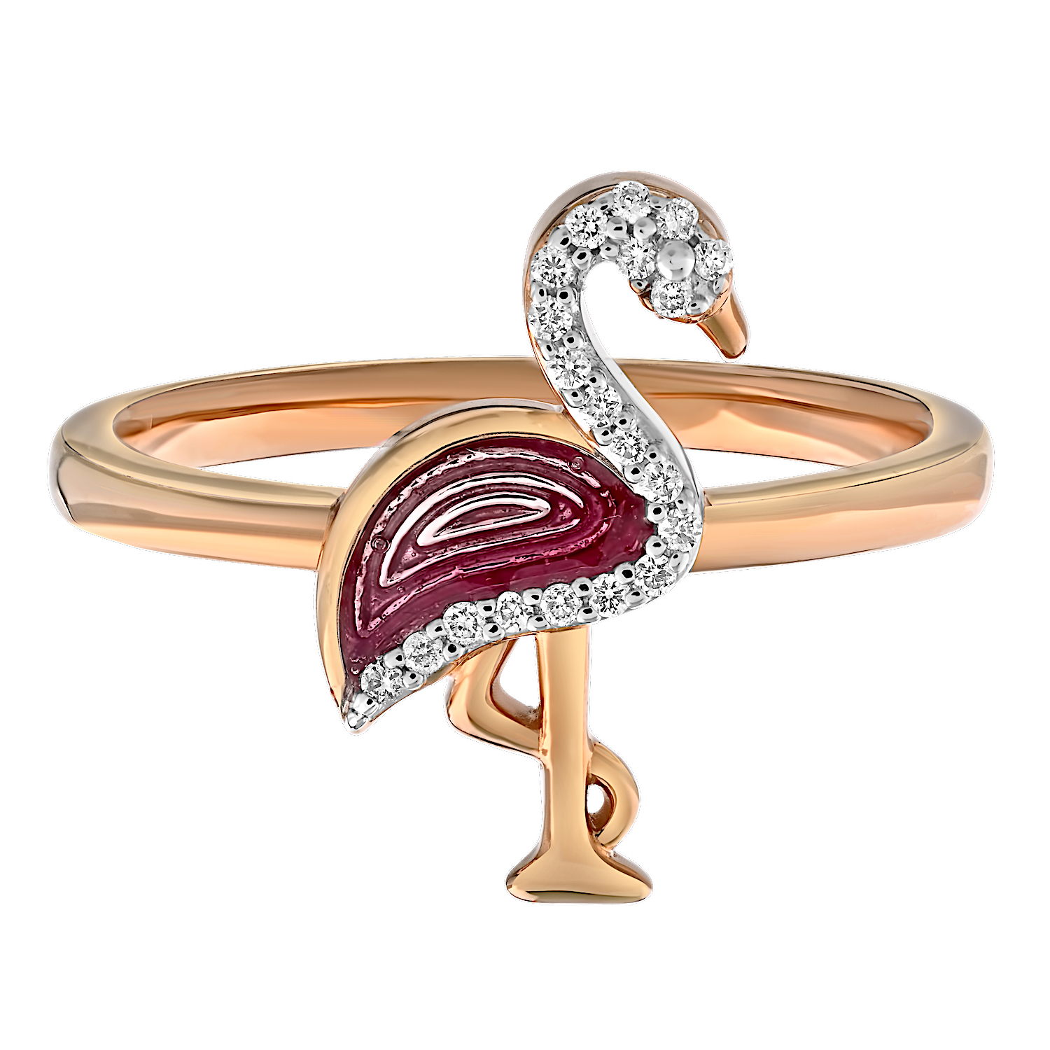 Oceanity&trade; 14K Rose Gold Ring Enamel Flamingo with Pave Diamonds Diamond 0.06 Ctw
