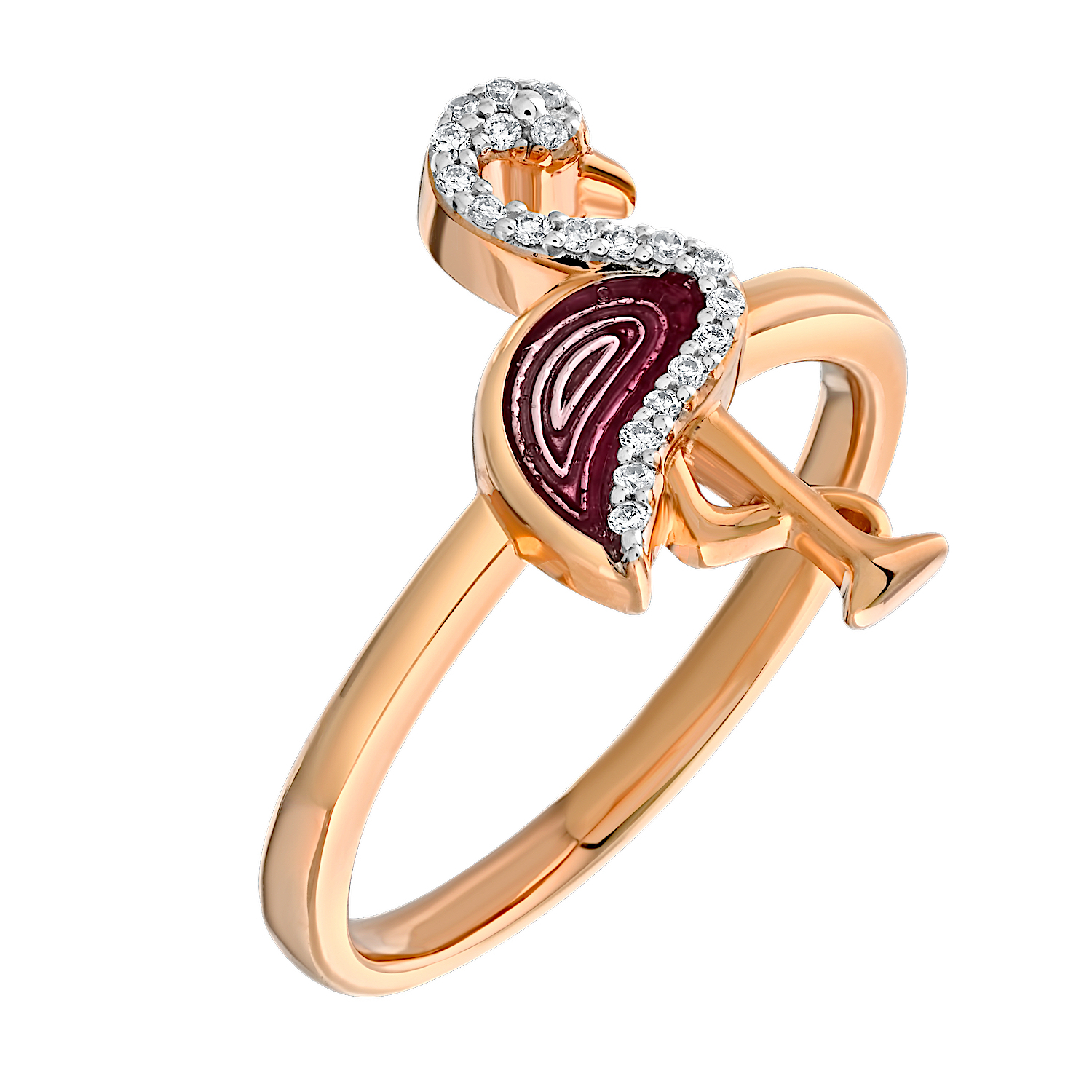 Oceanity&trade; 14K Rose Gold Ring Enamel Flamingo with Pave Diamonds Diamond 0.06 Ctw