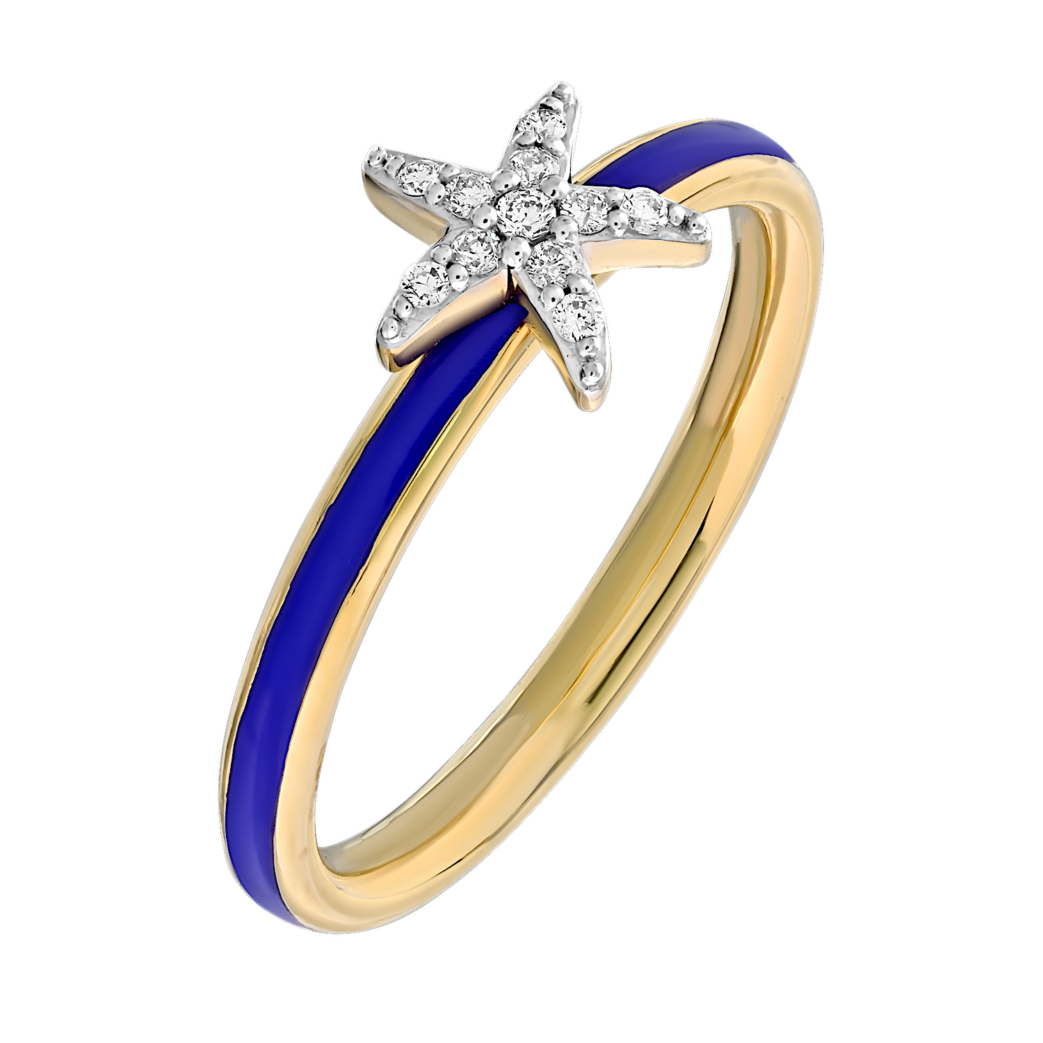 Oceanity&trade; 14K Yellow Gold Ring Enamel Shank with Pave Starfish Diamond 0.06 Ctw