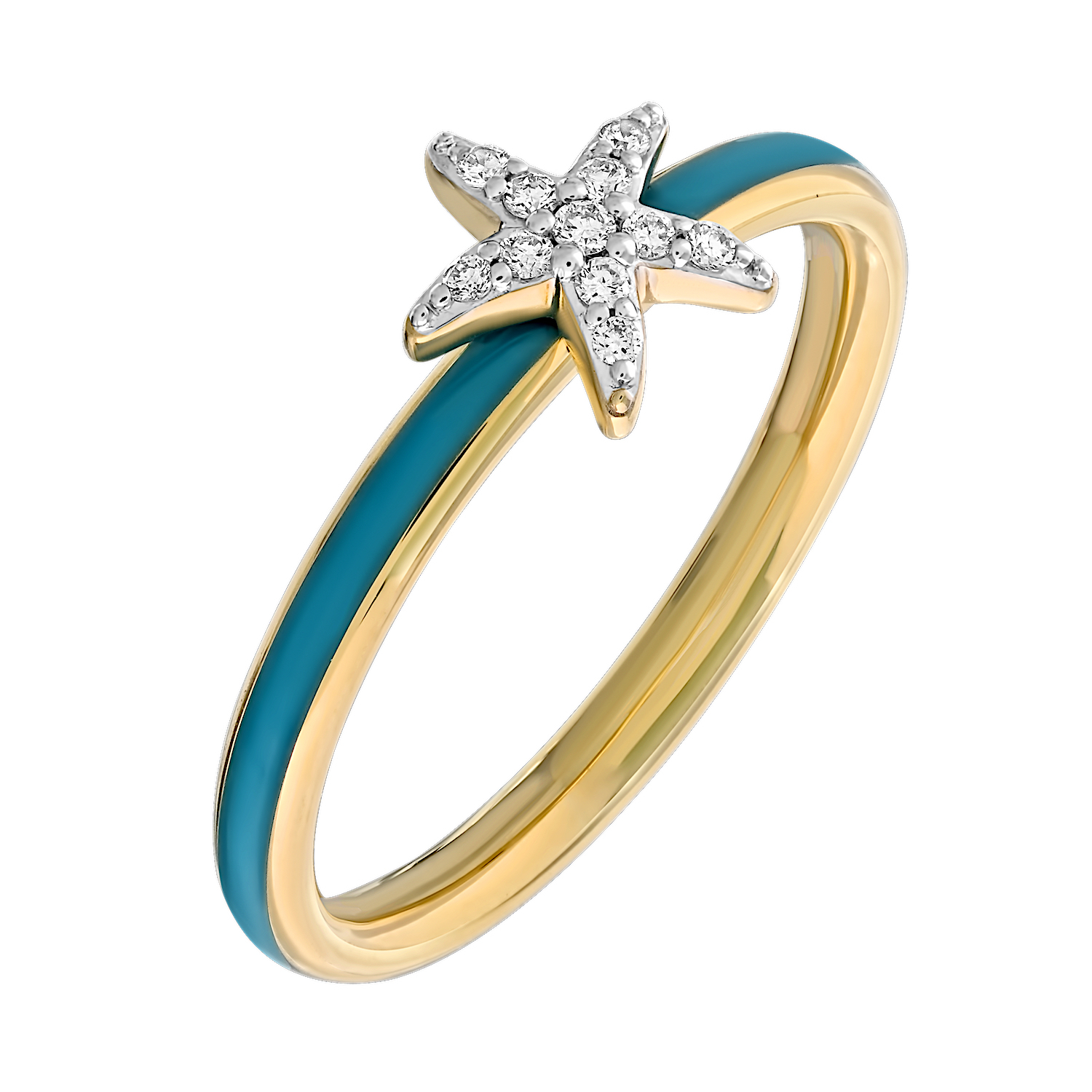Oceanity&trade; 14K Yellow Gold Ring Enamel Shank with Pave Starfish Diamond 0.06 Ctw