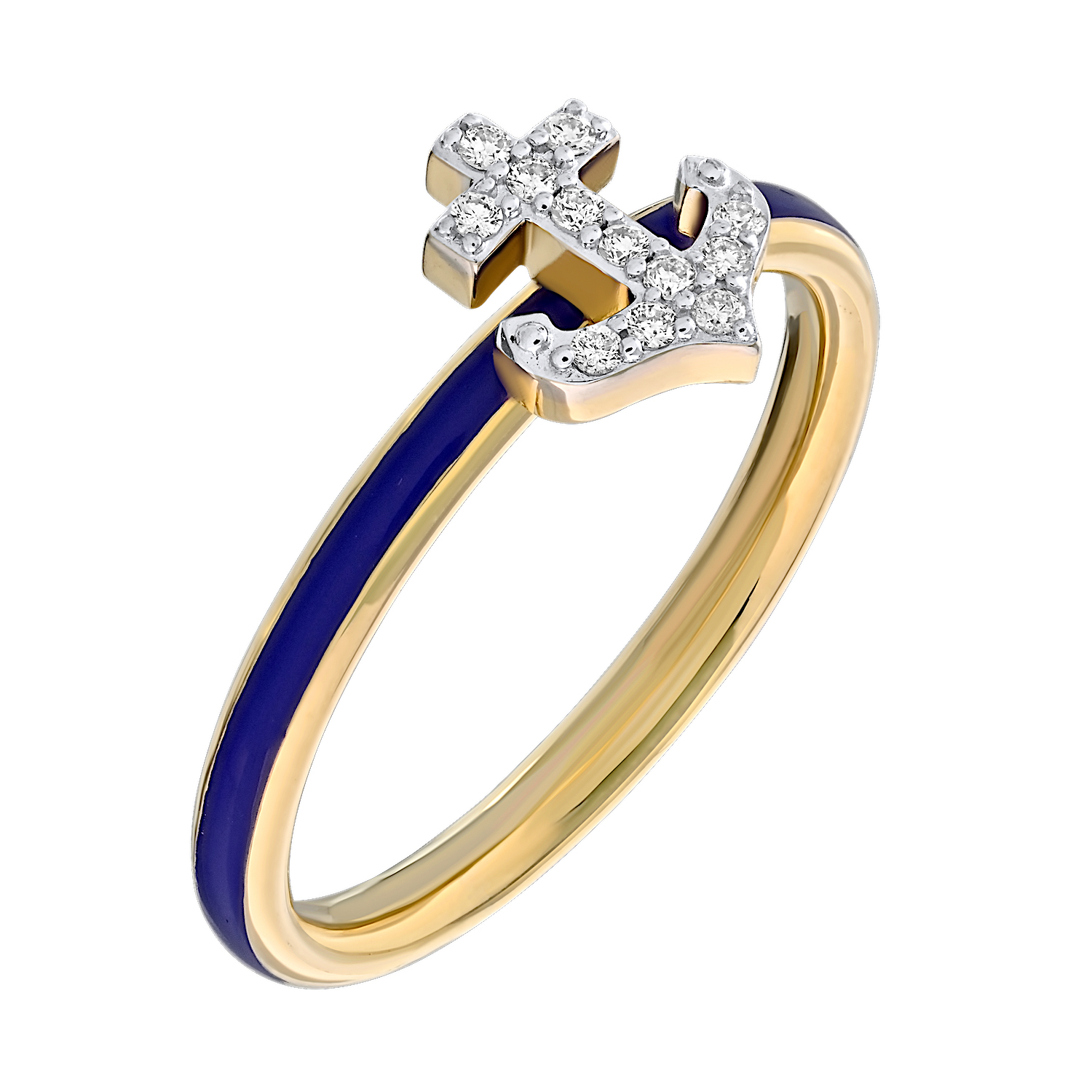 BluSea&trade; 14K Yellow Gold Ring Enamel Shank with Pave Anchor Diamond 0.07 Ctw