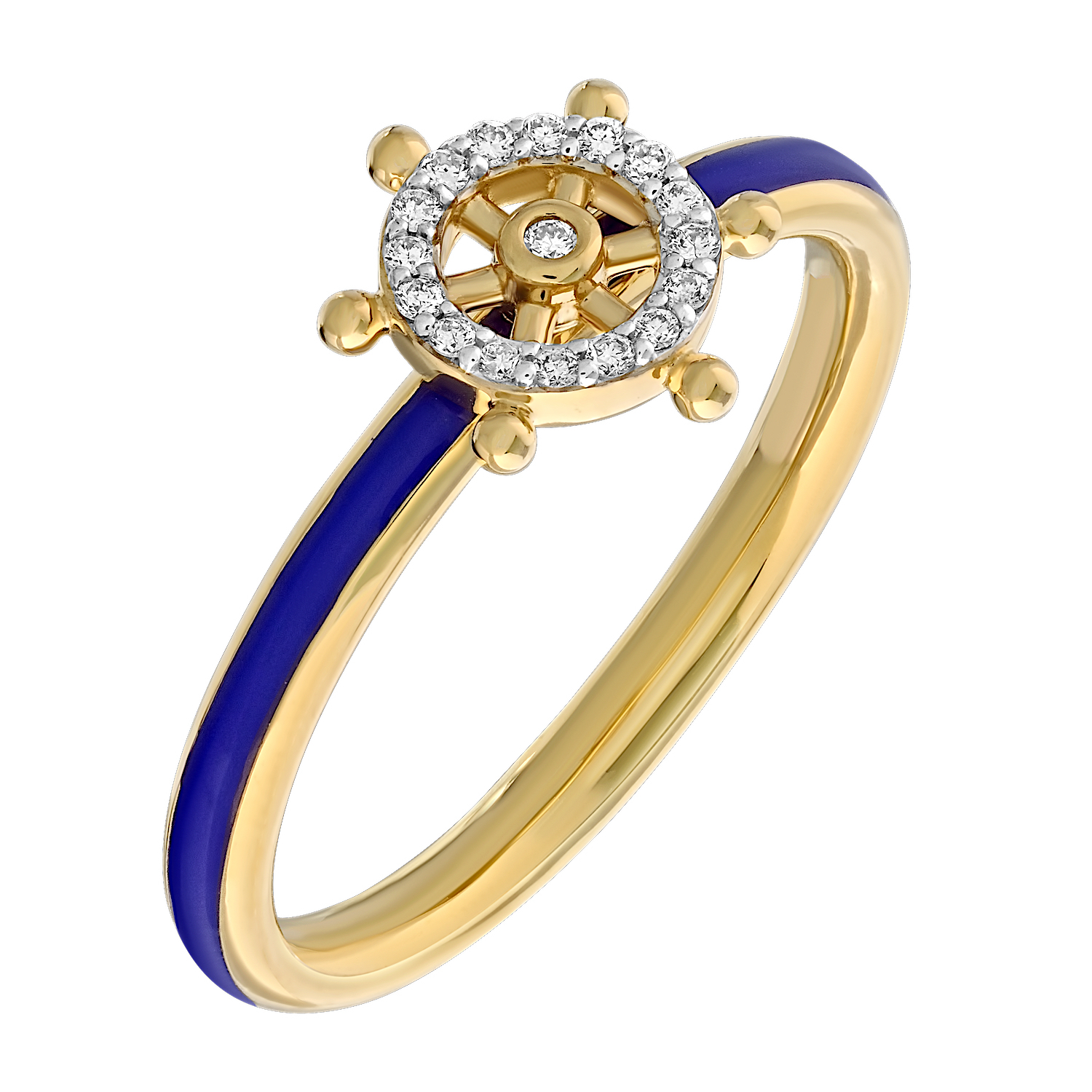 BluSea&trade; 14K Yellow Gold Ring Enamel Shank with Pave Ship Wheel Diamond 0.07 Ctw