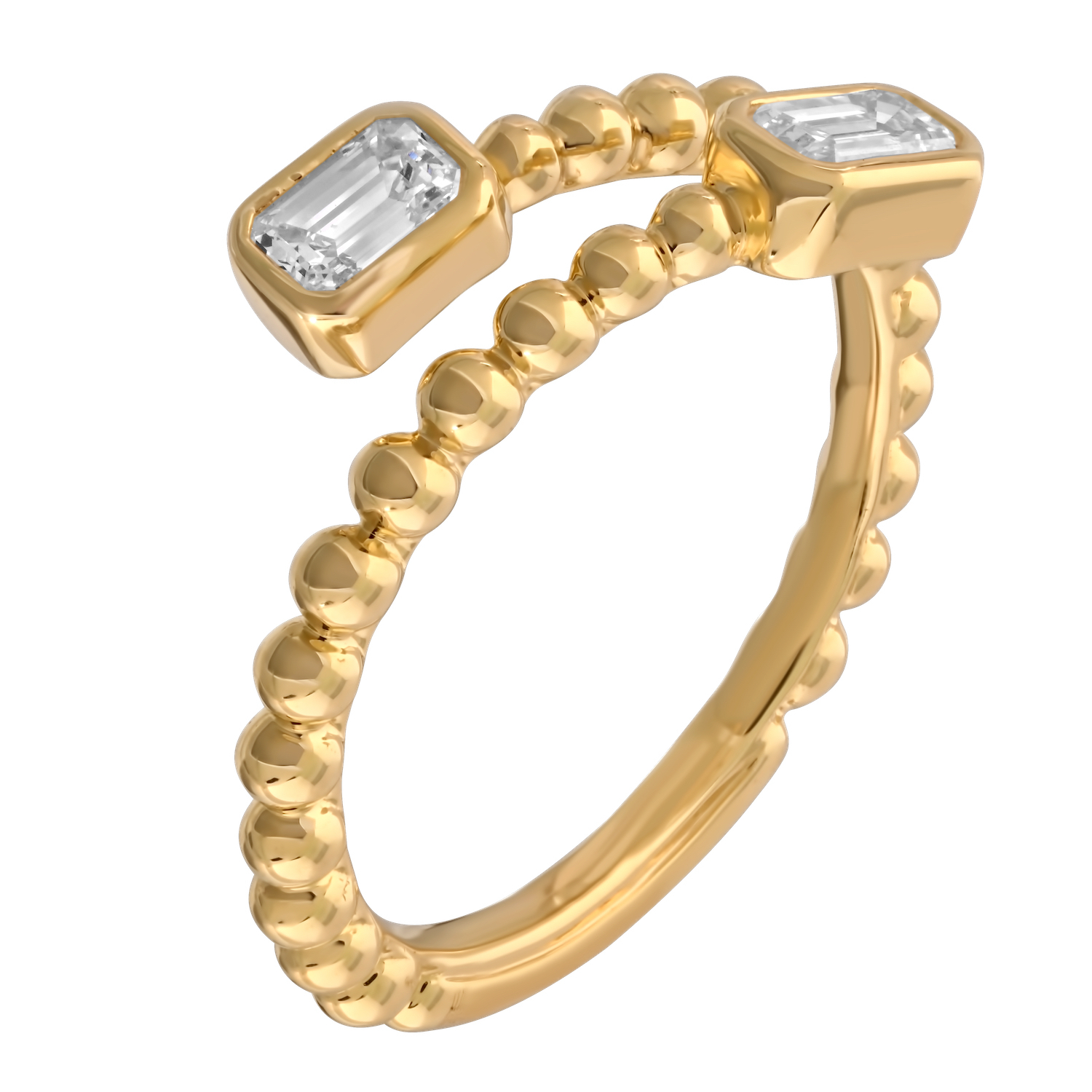 14K Yellow Gold Ring: 14KY Beaded Open Ended Bypass Emerald Cut Bezel Set 2 Dias. 2/5 Ctw Diamond Ring 0.40 Ctw