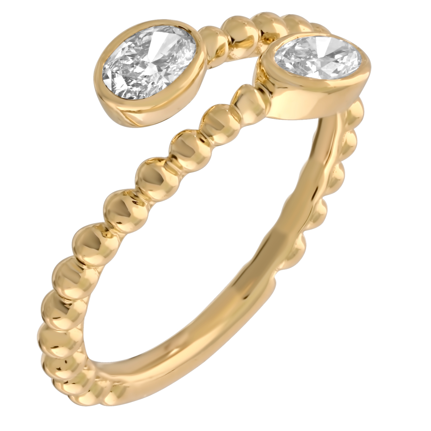 14K Yellow Gold Beaded Open Ended Bypass Oval Bezel Set Diamond Ring 0.40 Ctw