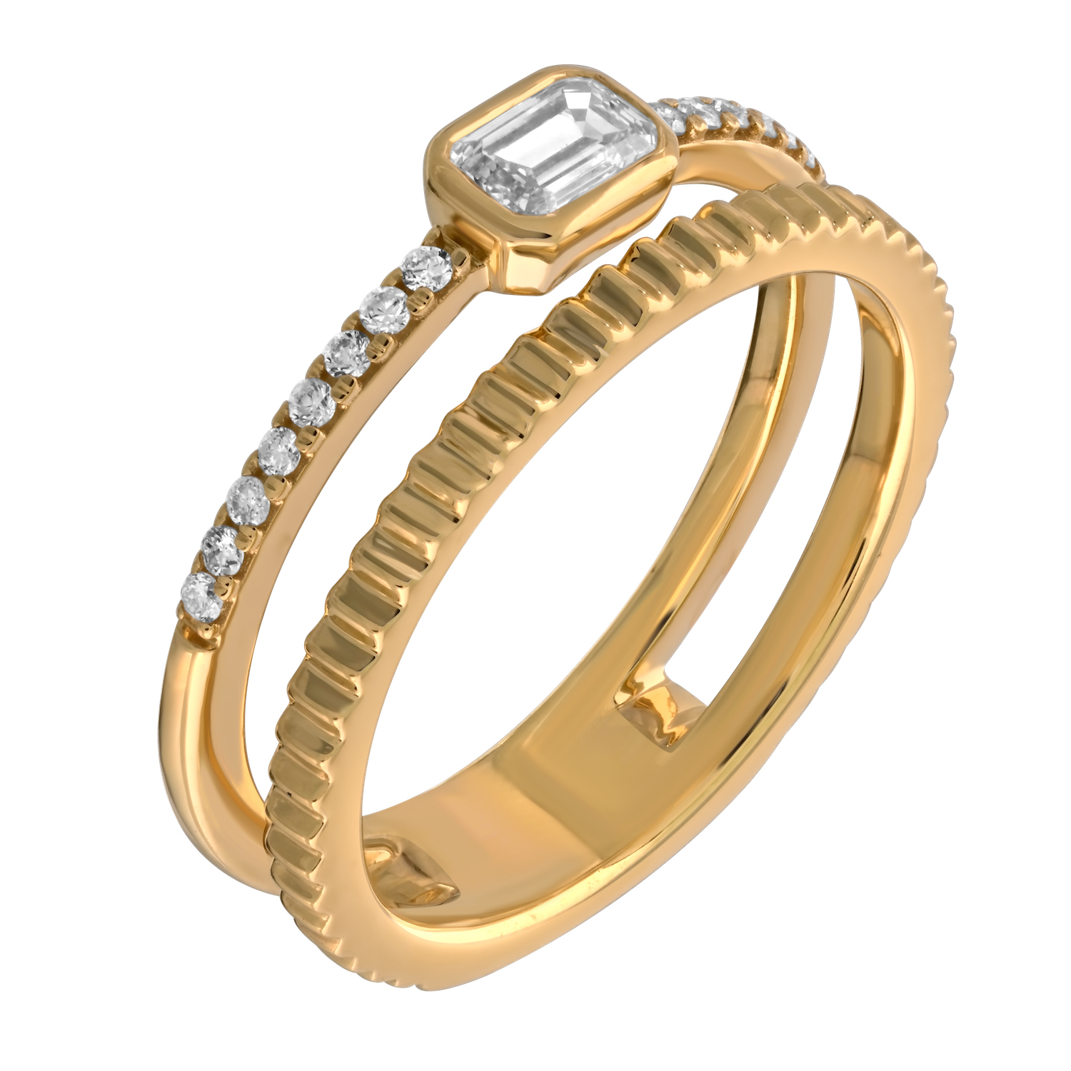 14K Yellow Gold 2 Row Emerald Cut Bezel Set 1 Row Pave 1 Row Textured Diamond Ring 0.35 Ctw