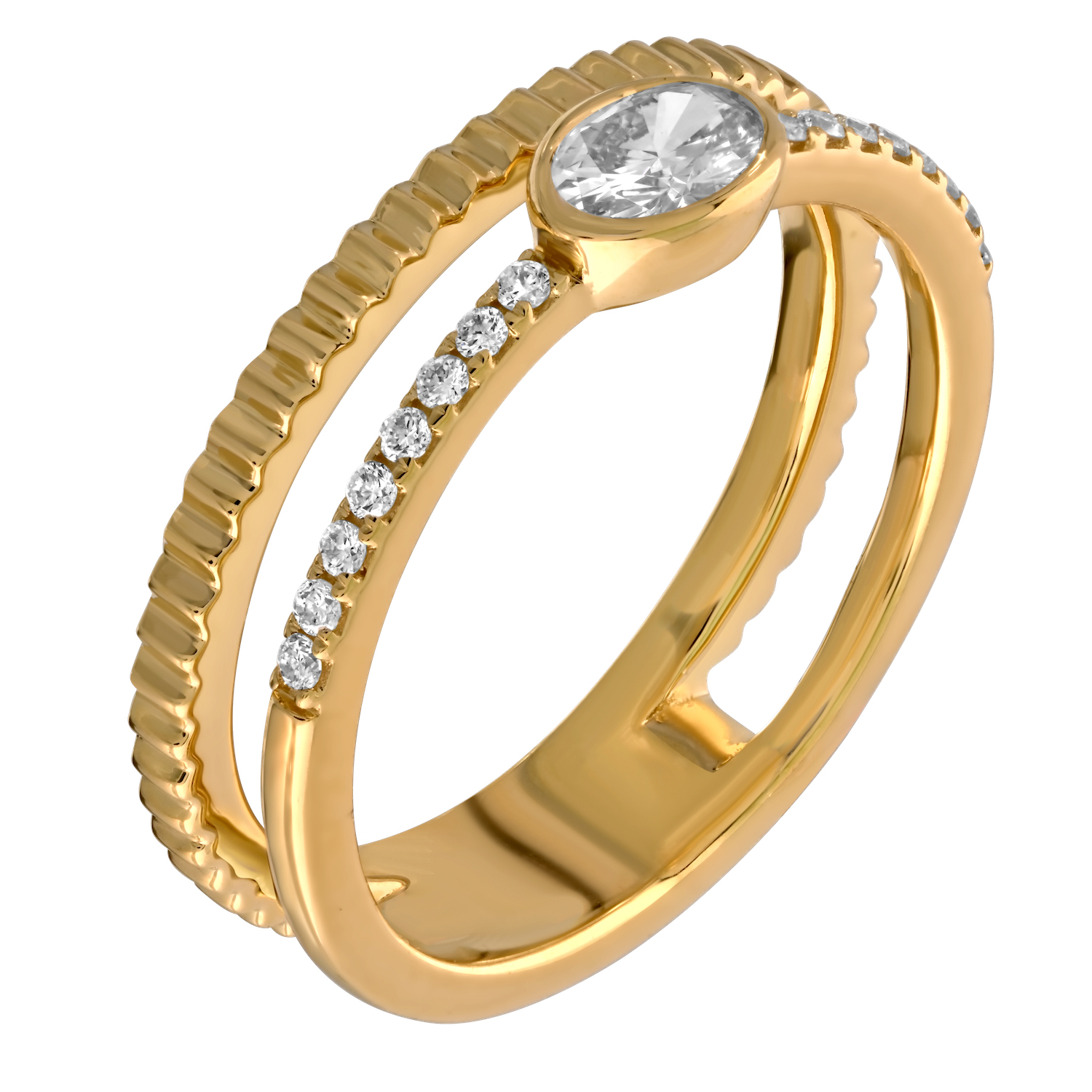 14K Yellow Gold 2 Row Oval Bezel Set 1 Row Pave 1 Row Textured Diamond Ring 0.34 Ctw