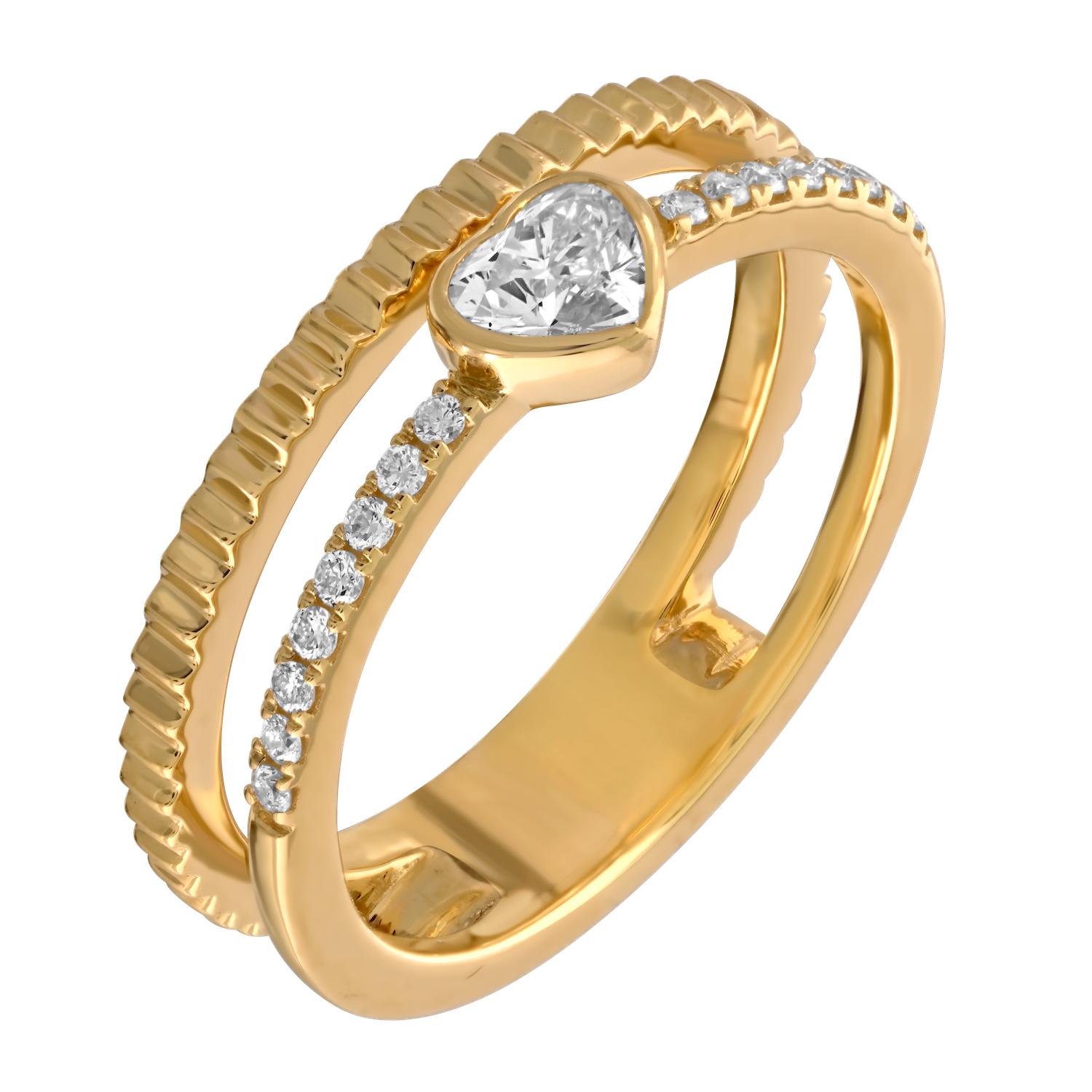 14K Yellow Gold 2 Row Heart Shape Bezel Set 1 Row Pave 1 Row Textured Diamond Ring 0.35 Ctw