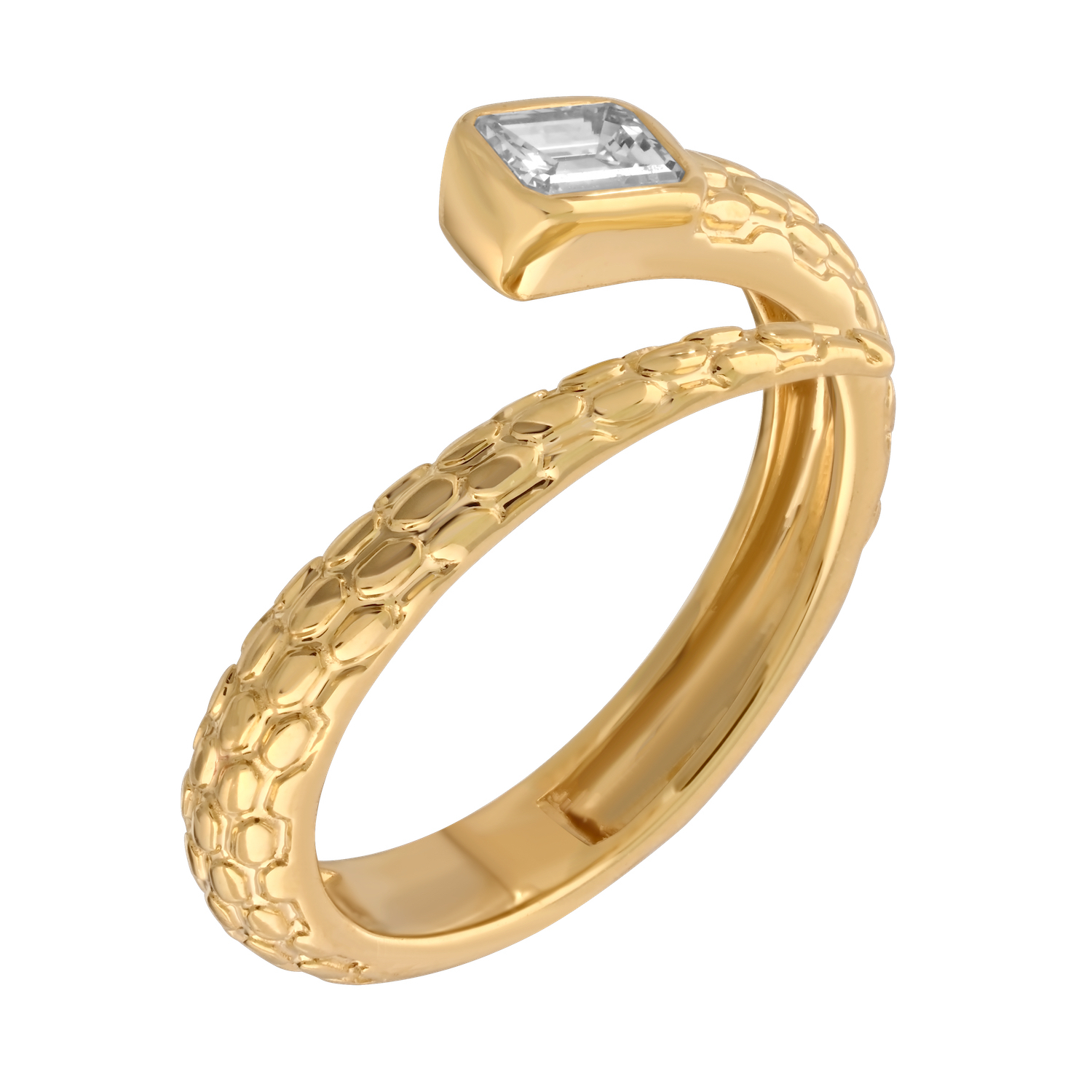 Textura&trade; 14K Yellow Gold Textured Open Ended Bypass One Bezel Set Emerald Cut Diamond 0.30 Ctw