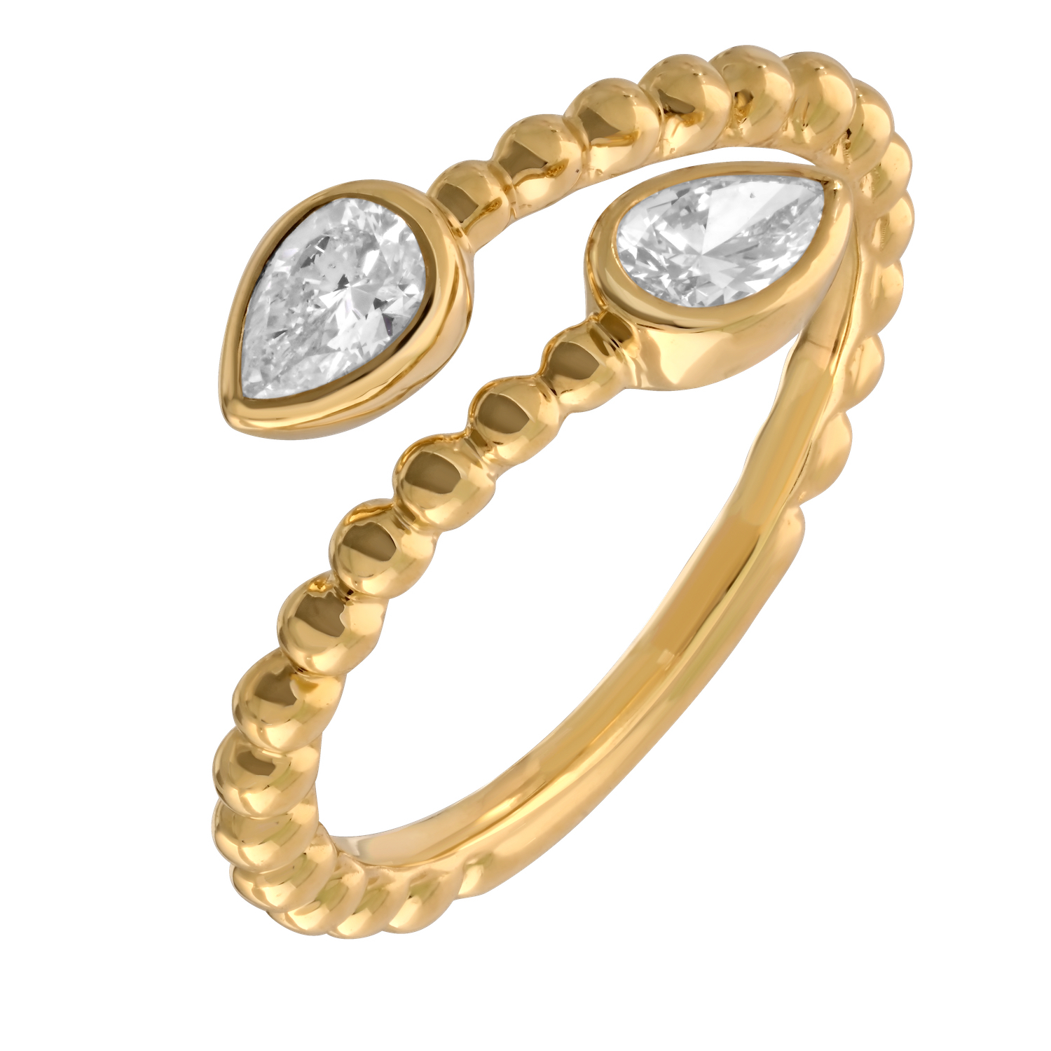 14K Yellow Gold Beaded Open Ended Bypass Pear Shape Bezel Set Diamond Ring 0.40 Ctw