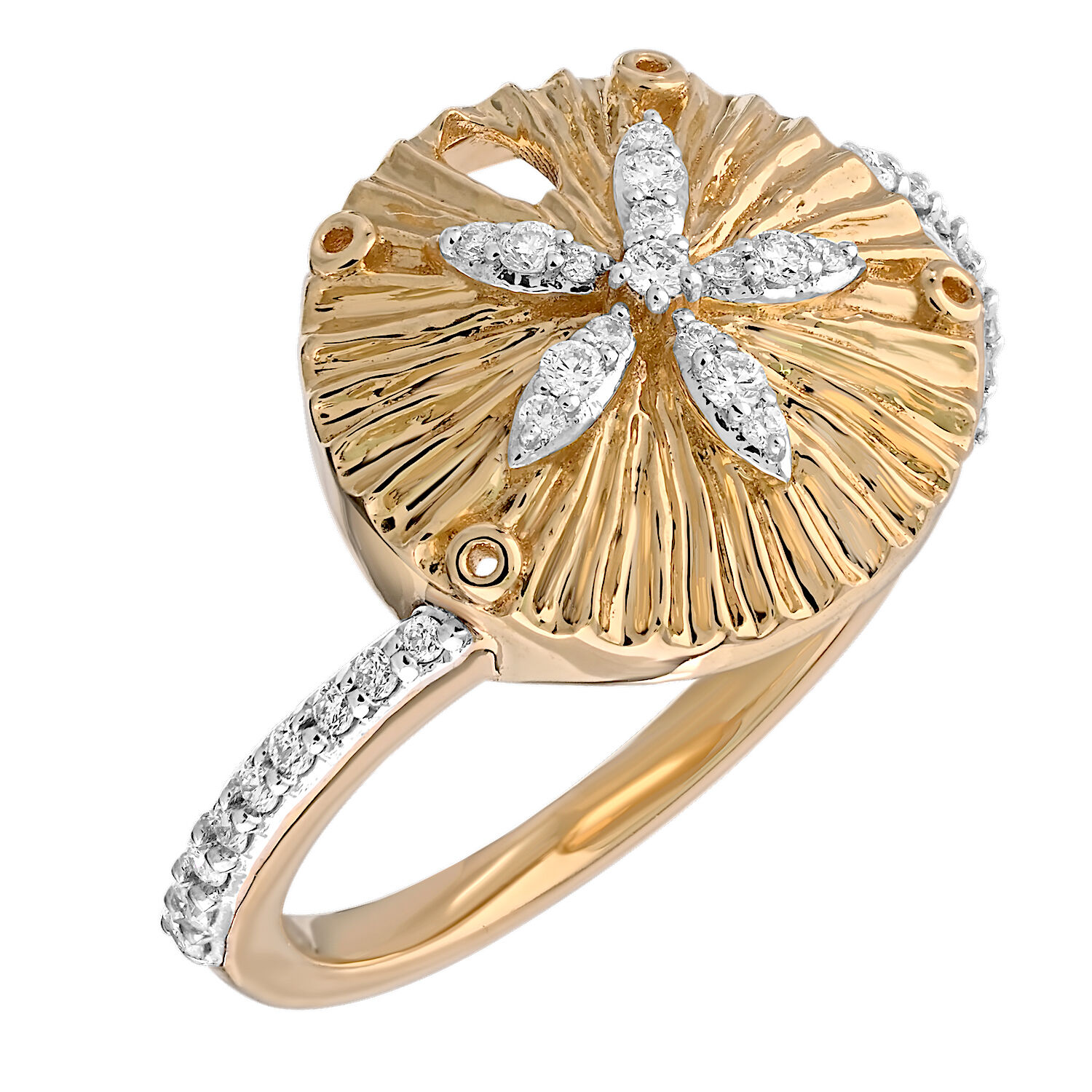 Oceanity&trade; 14K Yellow Gold Ring Textured Sand Dollar Pave Center Bypass Shoulders Diamond 0.20 Ctw