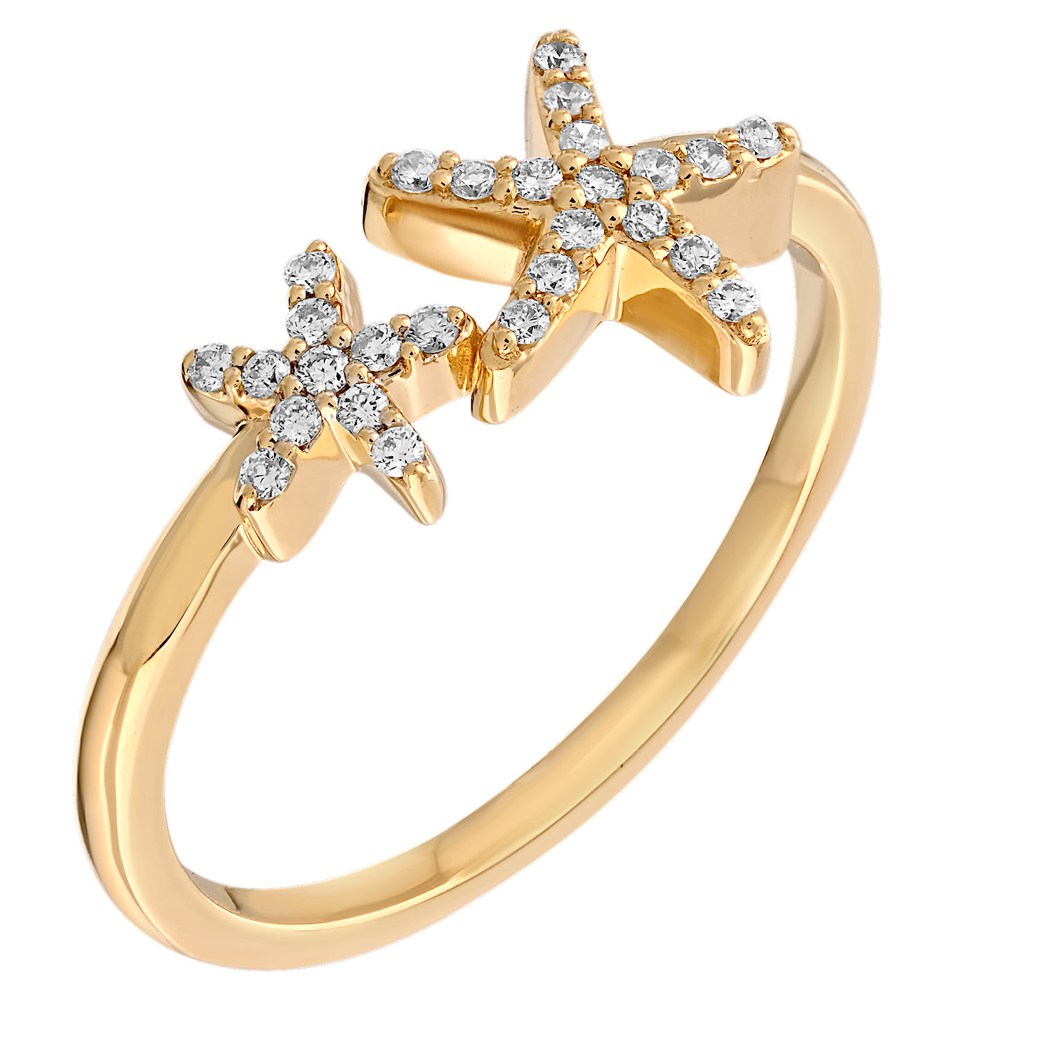 Oceanity&trade; 14K Yellow Gold Ring Two Diamond Starfish One Large One Small Diamond 0.11 Ctw