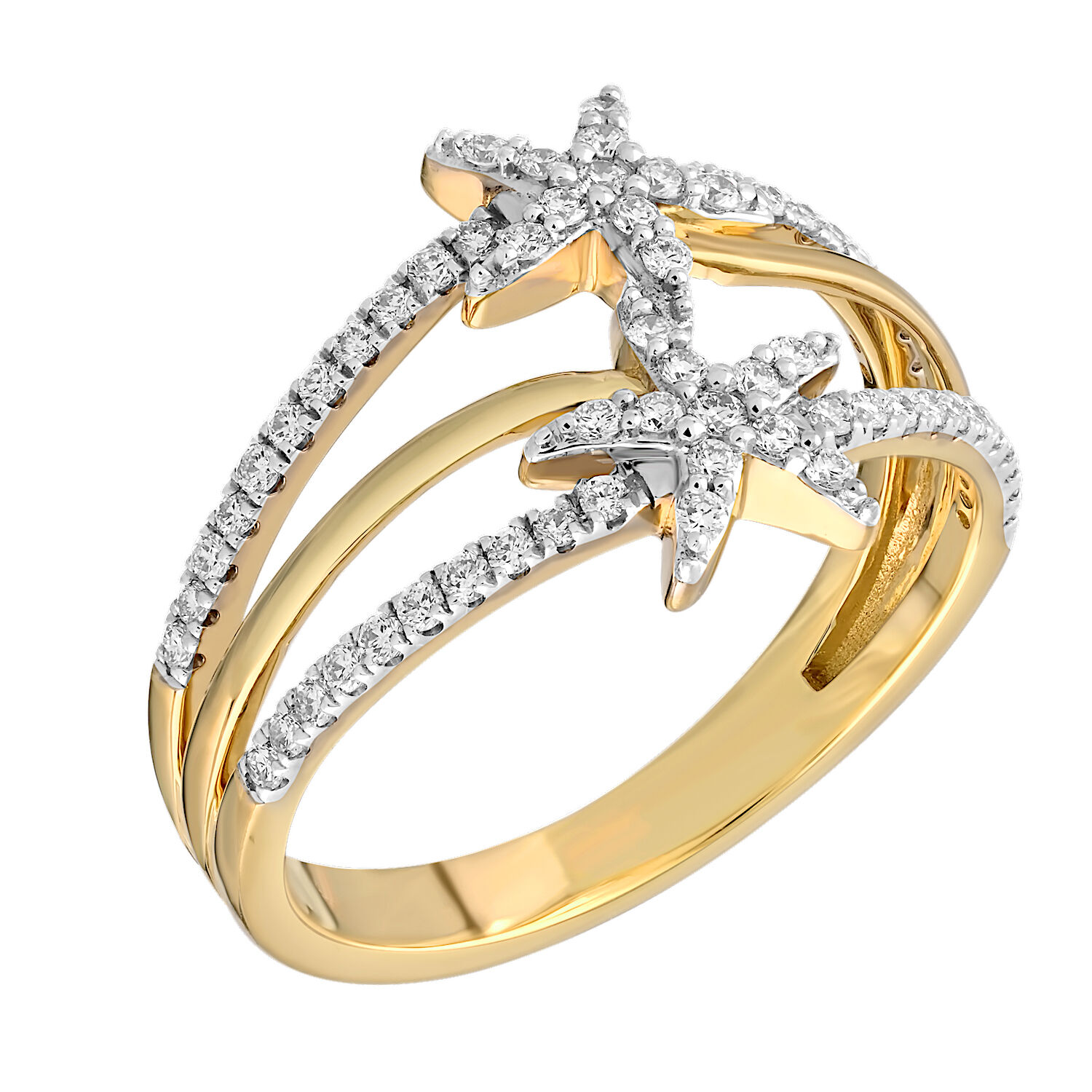 Oceanity&trade; 14K Yellow Gold Ring Pave Starfish Split Shank Pave & Polished Diamond 0.34 Ctw