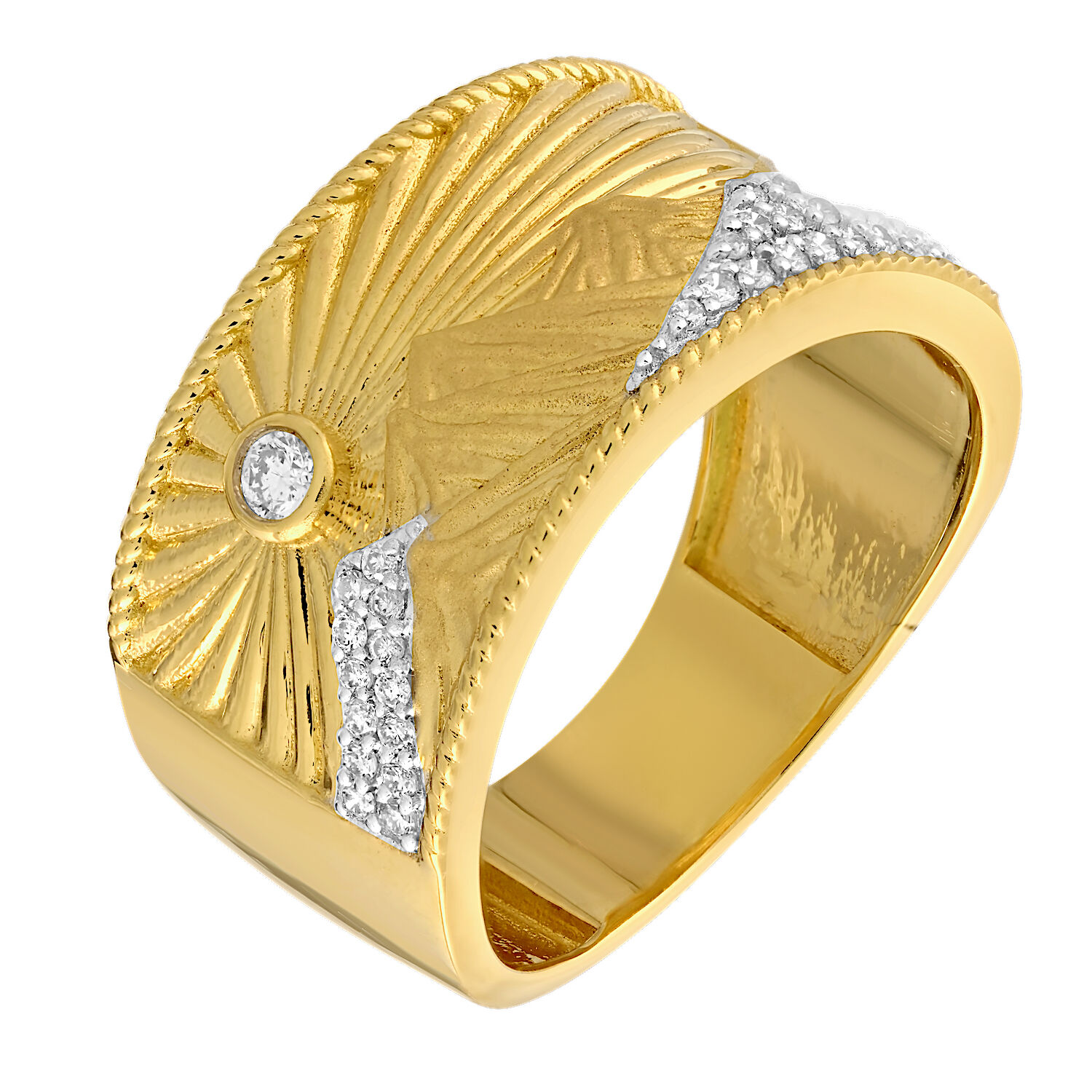 Diamond Peak&trade; 14K Yellow Gold Ring Wide with Carved Mountains Bezel Set Diamond Sun Diamond 0.21 Ctw
