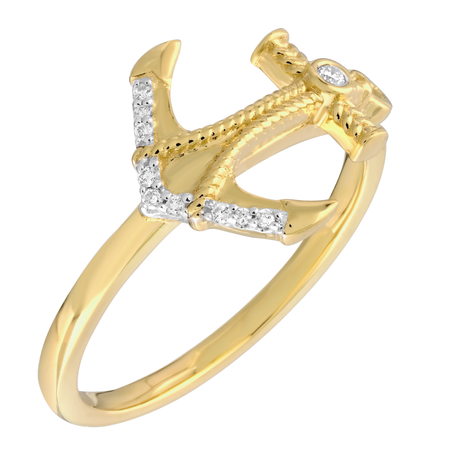 BluSea&trade; 14K Yellow Gold Ring Horizontal Anchor with Rope Diamond 0.04 Ctw