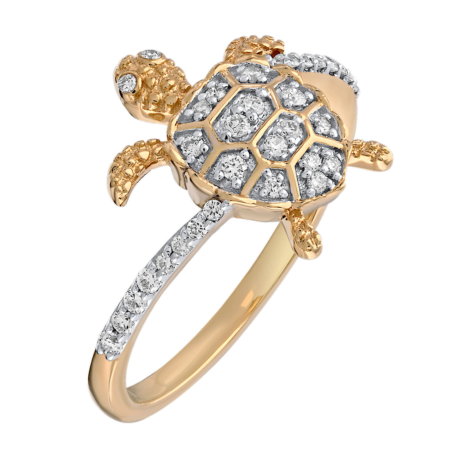 Oceanity&trade; 14K Yellow Gold Ring Textured Finish Turtle Pave Set Bypass Shoulders Diamond 0.18 Ctw