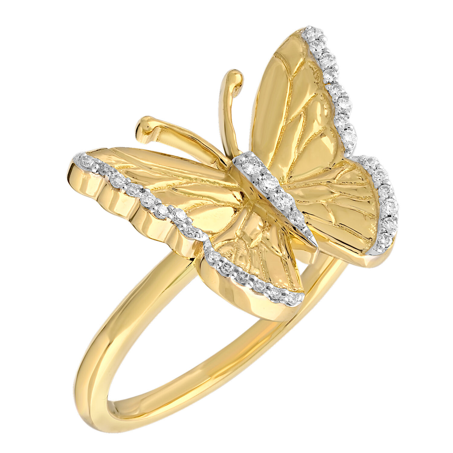 ZooLightful&trade; 14K Yellow Gold Etched Butterfly Wings Pave Edges & Body Ring Diamond 0.10 Ctw